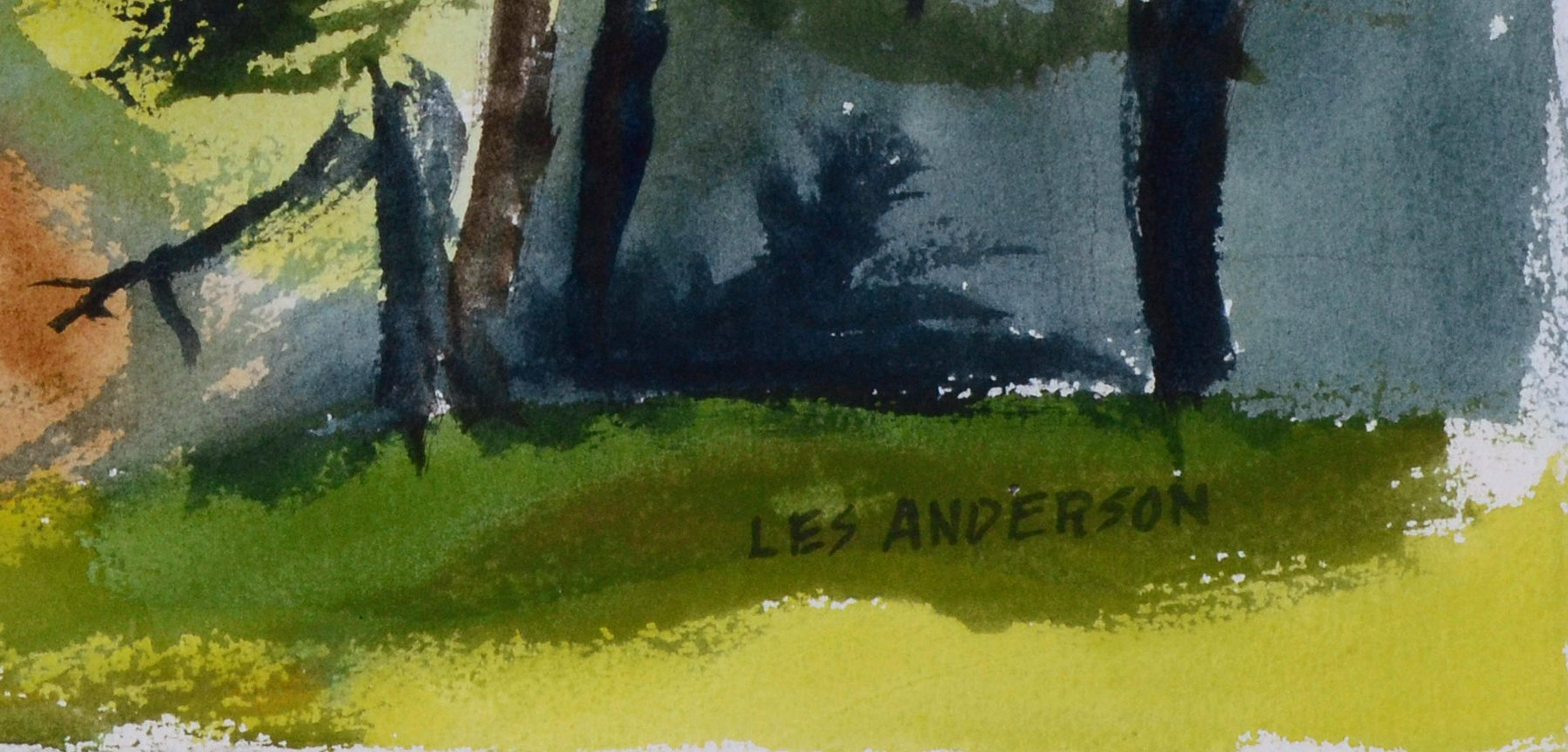 Zypressenpunkt Sonnenaufgang / Pt. Lobos Meereslandschaft – Doppelseitiges Aquarell (Blau), Landscape Art, von Les Anderson