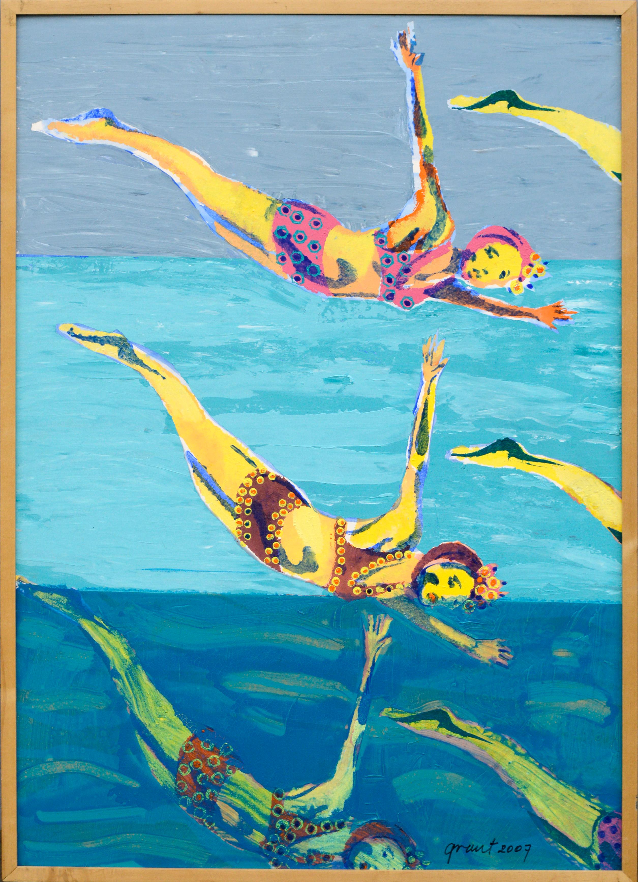 Marc Foster Grant Abstract Painting - Colorful Swimmers, Contemporary Figurative Pop Art in Blue