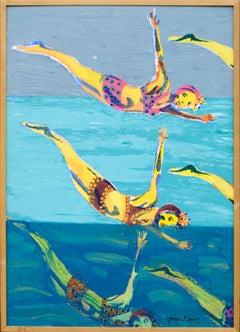 Colorful Swimmers in the Air, Figurative Pop Art in Blue