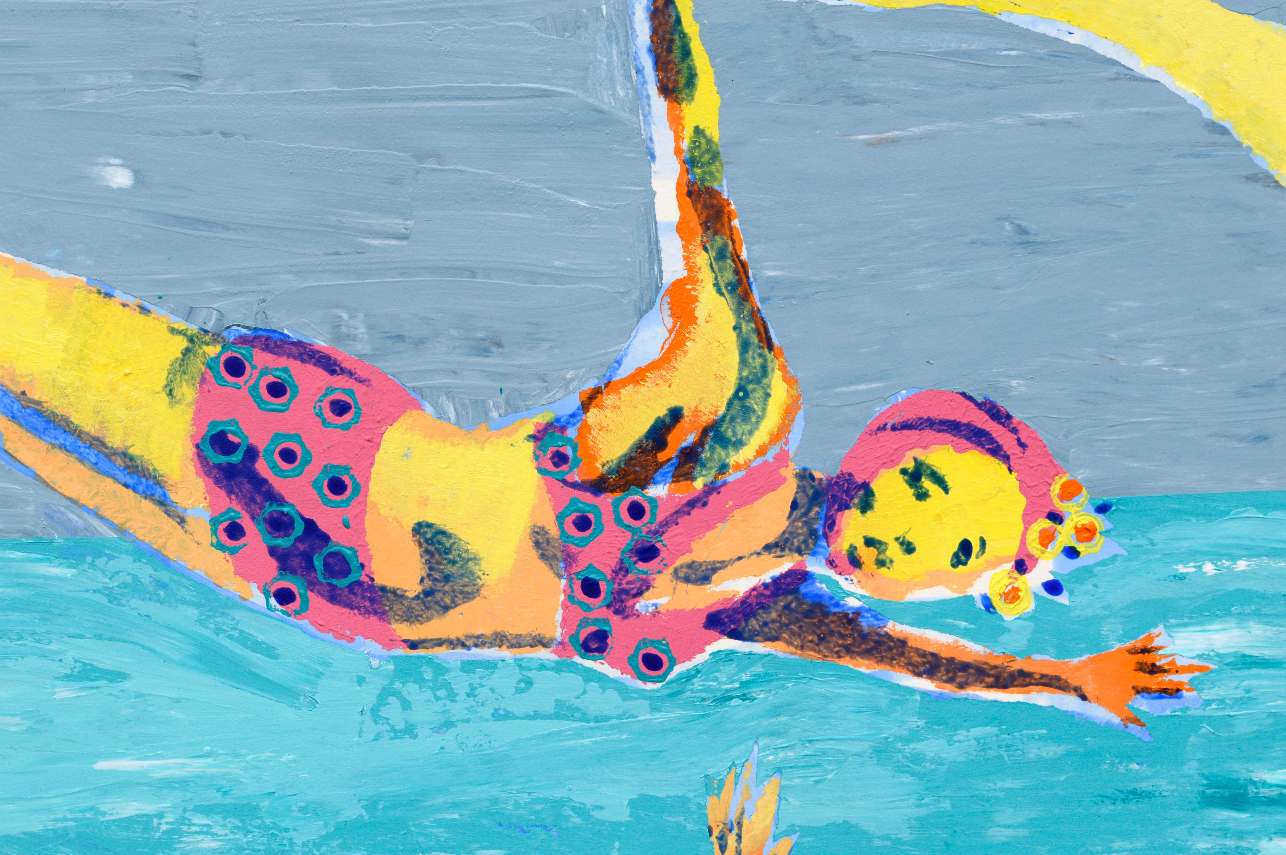 Bunte Schwimmer, zeitgenössische figurative Pop Art in Blau

Kühnes und leuchtendes Pop-Art-Gemälde von im Wasser tauchenden Schwimmern von Marc Foster Grant (Amerikaner, geb. 1947), 2009. Die Figur der Schwimmerin in Tauchpose wird wie ein Muster