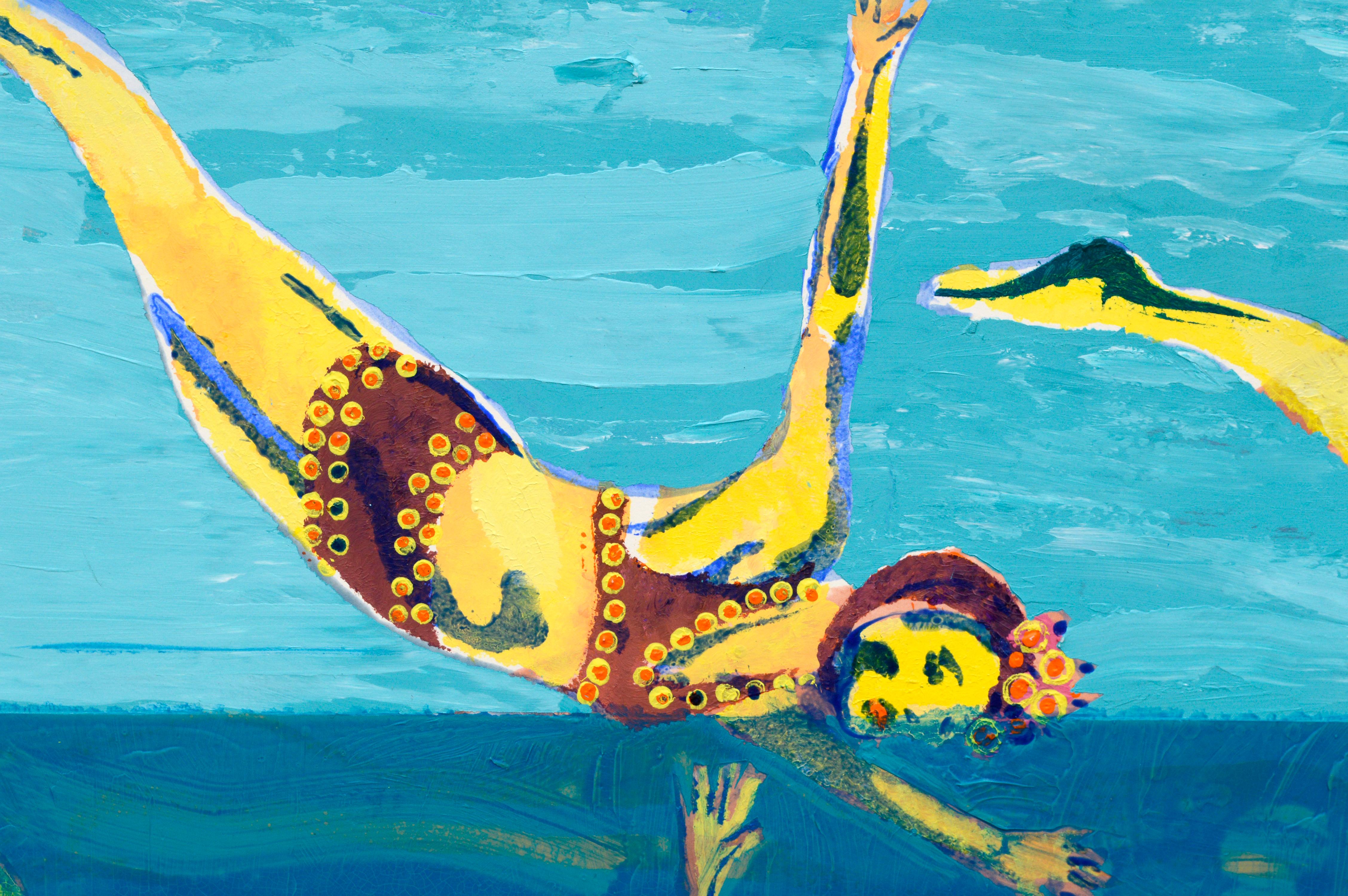 Bunte Swimmers, zeitgenössische figurative Pop-Art in Blau im Angebot 1