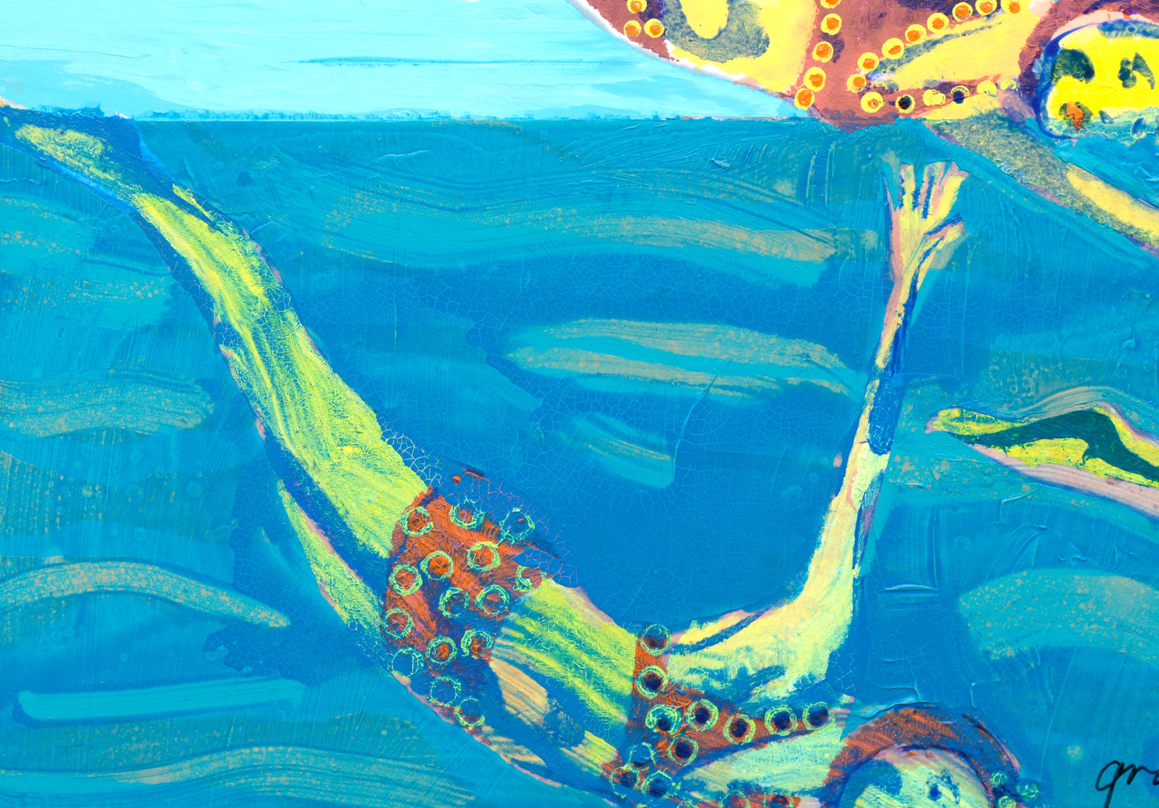 Nadadores de colores, arte pop figurativo contemporáneo en azul

Pintura pop art atrevida y brillante de nadadores zambulléndose en el agua, de Marc Foster Grant (estadounidense, nacido en 1947),2009. La figura de la nadadora en pose de zambullida