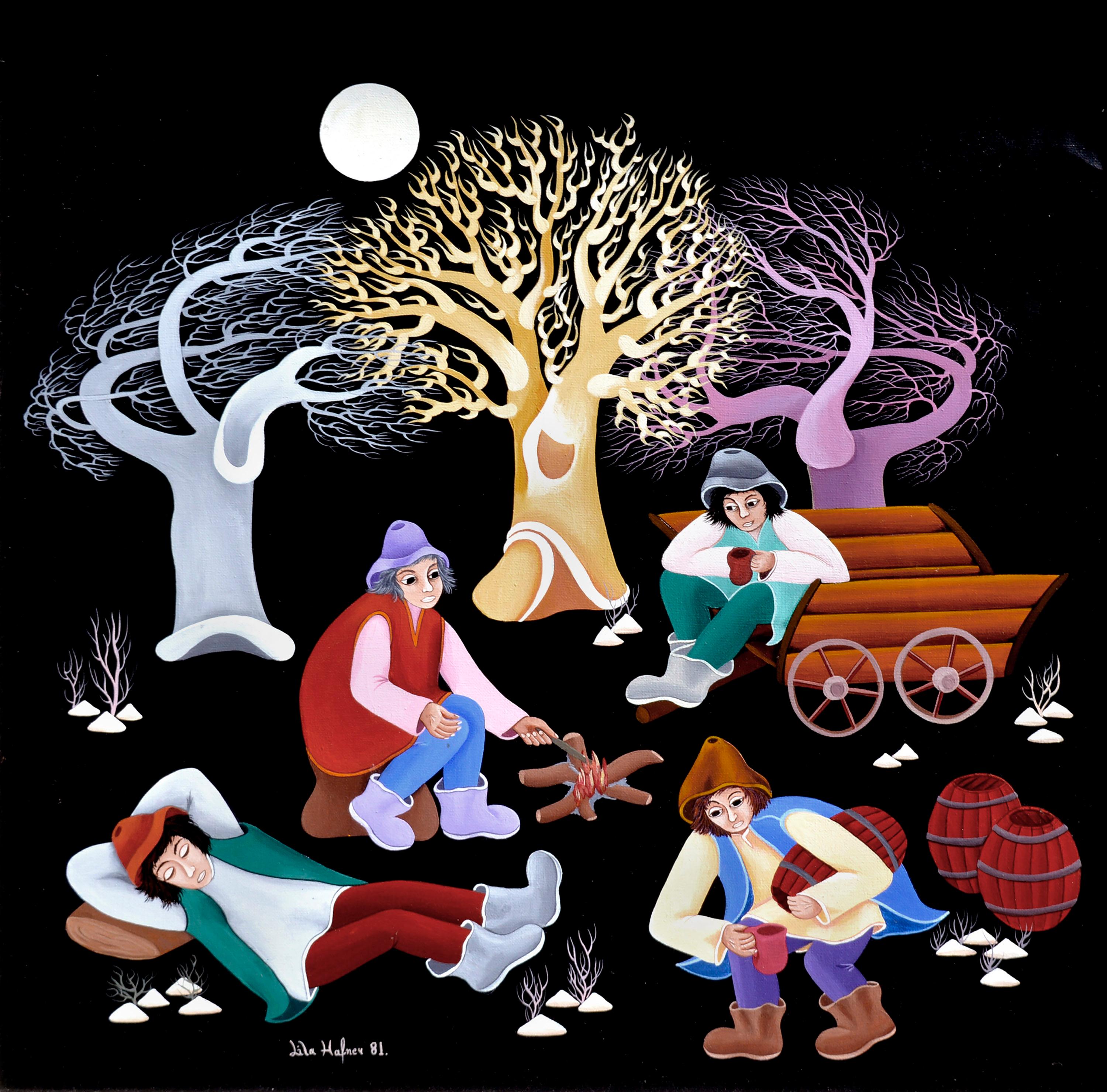 Full Moon Bonfire - Figurative Landscape - Painting by Lila Hafner