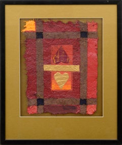 Deux cœurs, papier texturé fait main, technique mixte abstraite sur or