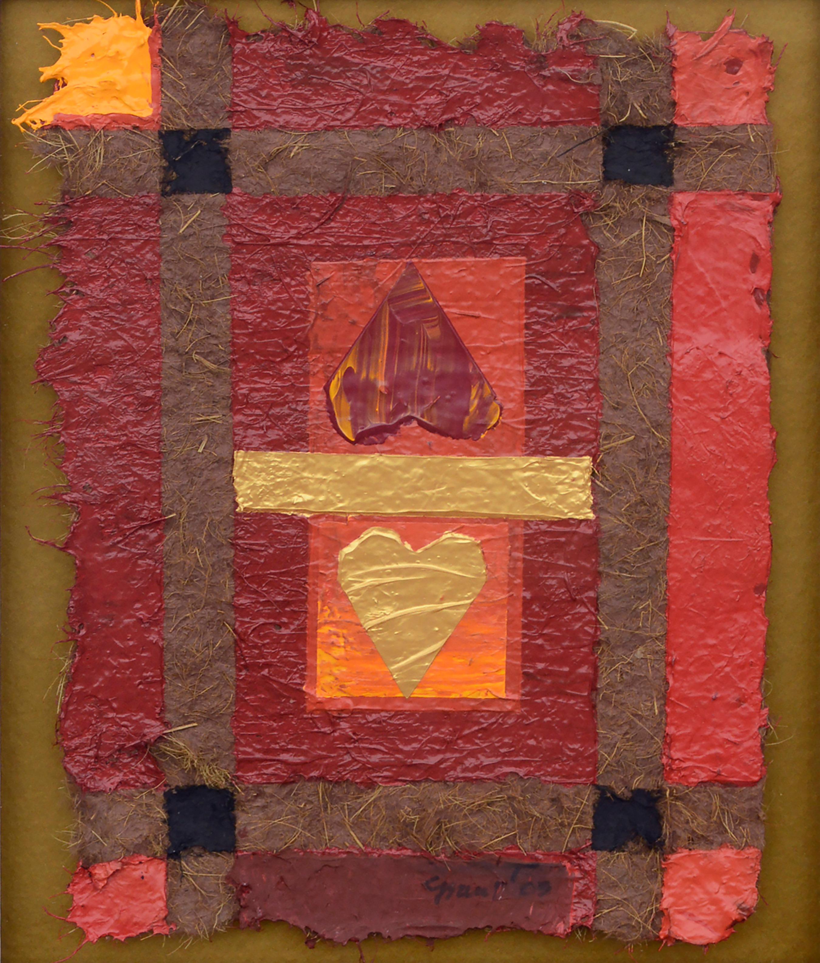 Two Hearts, Textural Handmade Paper Mixed Media Abstract on Gold - Painting by Marc Foster Grant