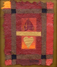 Two Hearts, Textural Handmade Paper Mixed Media Abstract on Gold