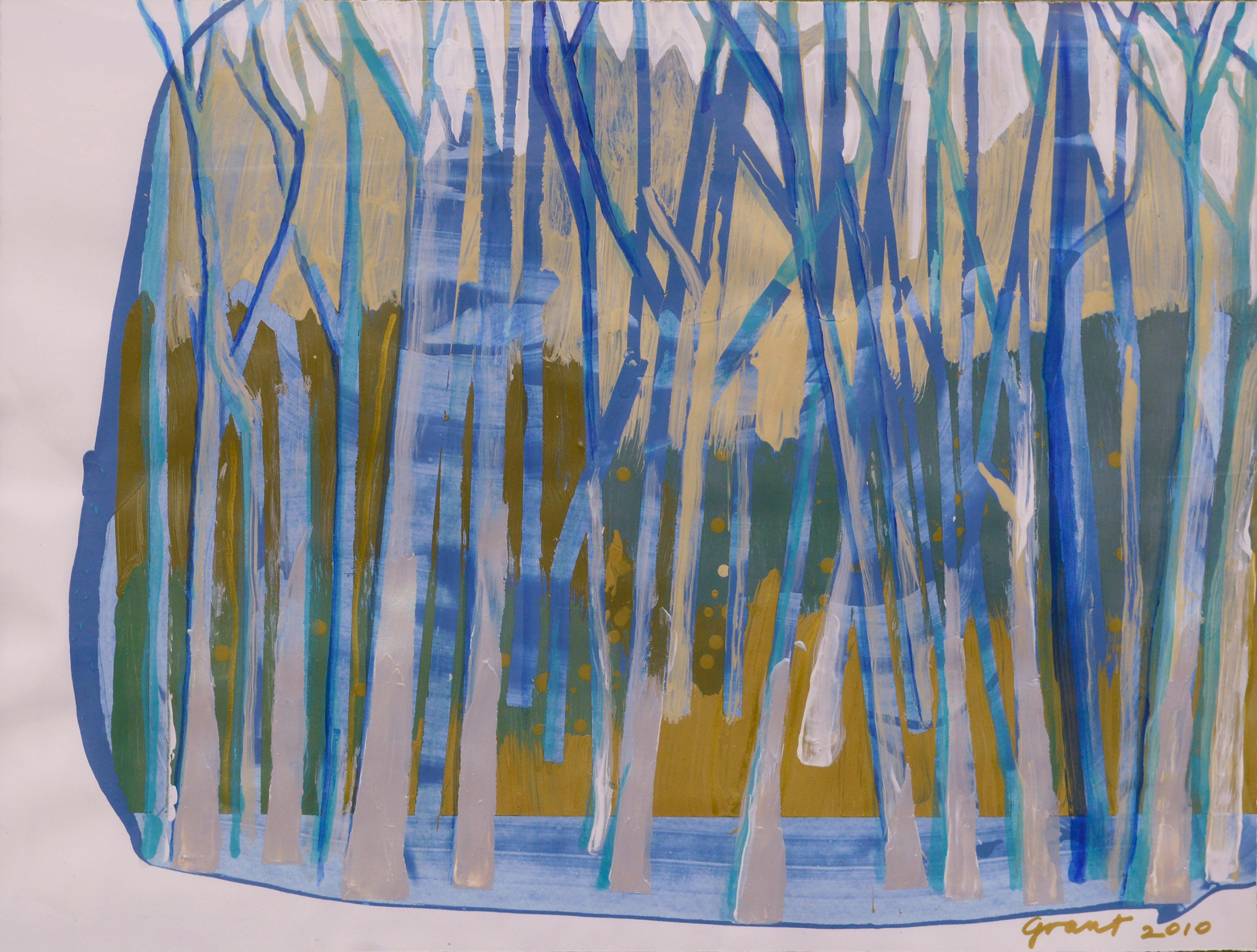 Contemporary abstracted landscape, a large-scale acrylic painting on paper, depicting a blue forest composed of linear trees in cool tones with earthy yellow accents by Marc Foster Grant (American, b. 1947). Signed and dated 