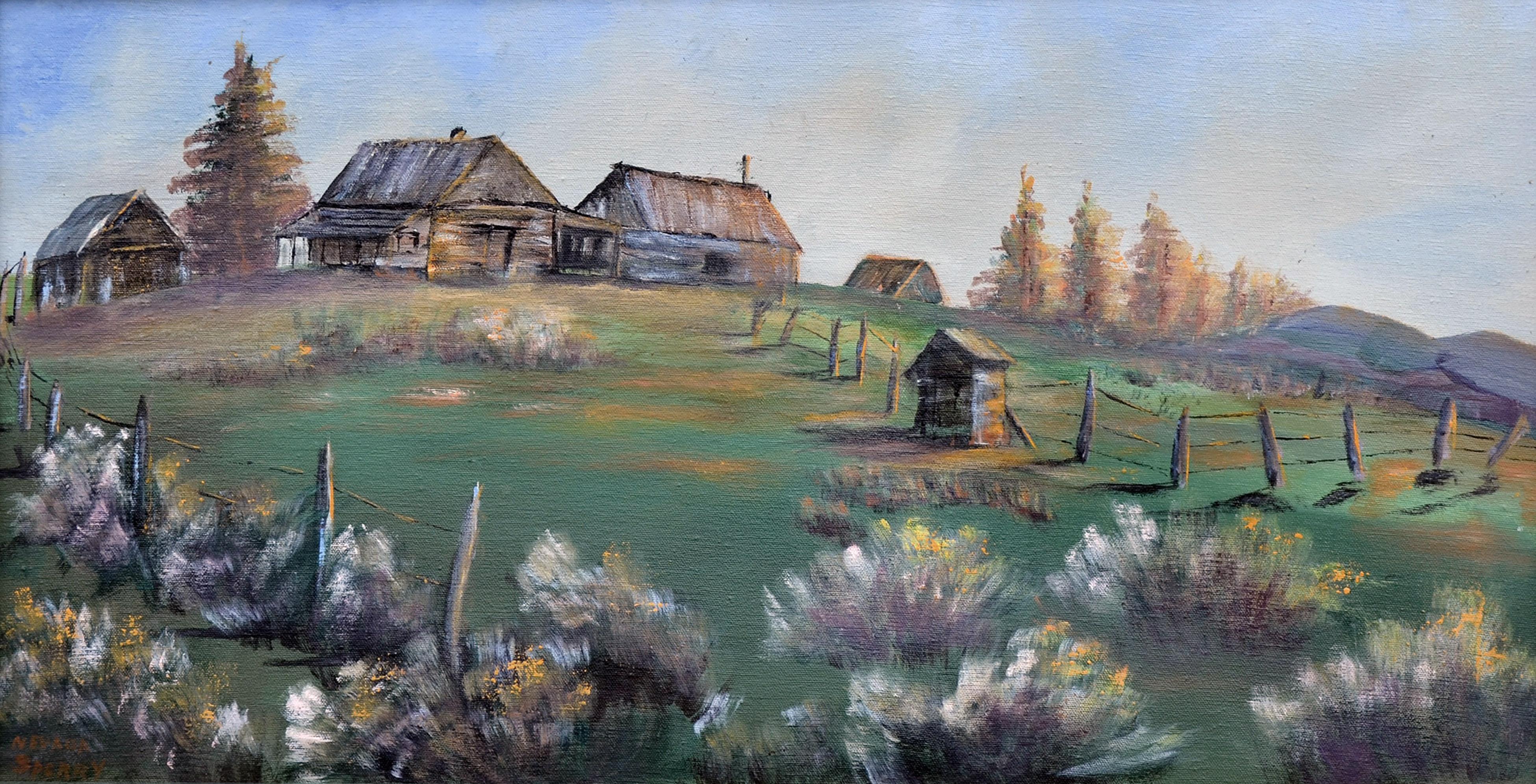 Hillside Bauernhaus-Landschaft – Painting von Nevada Sperry 