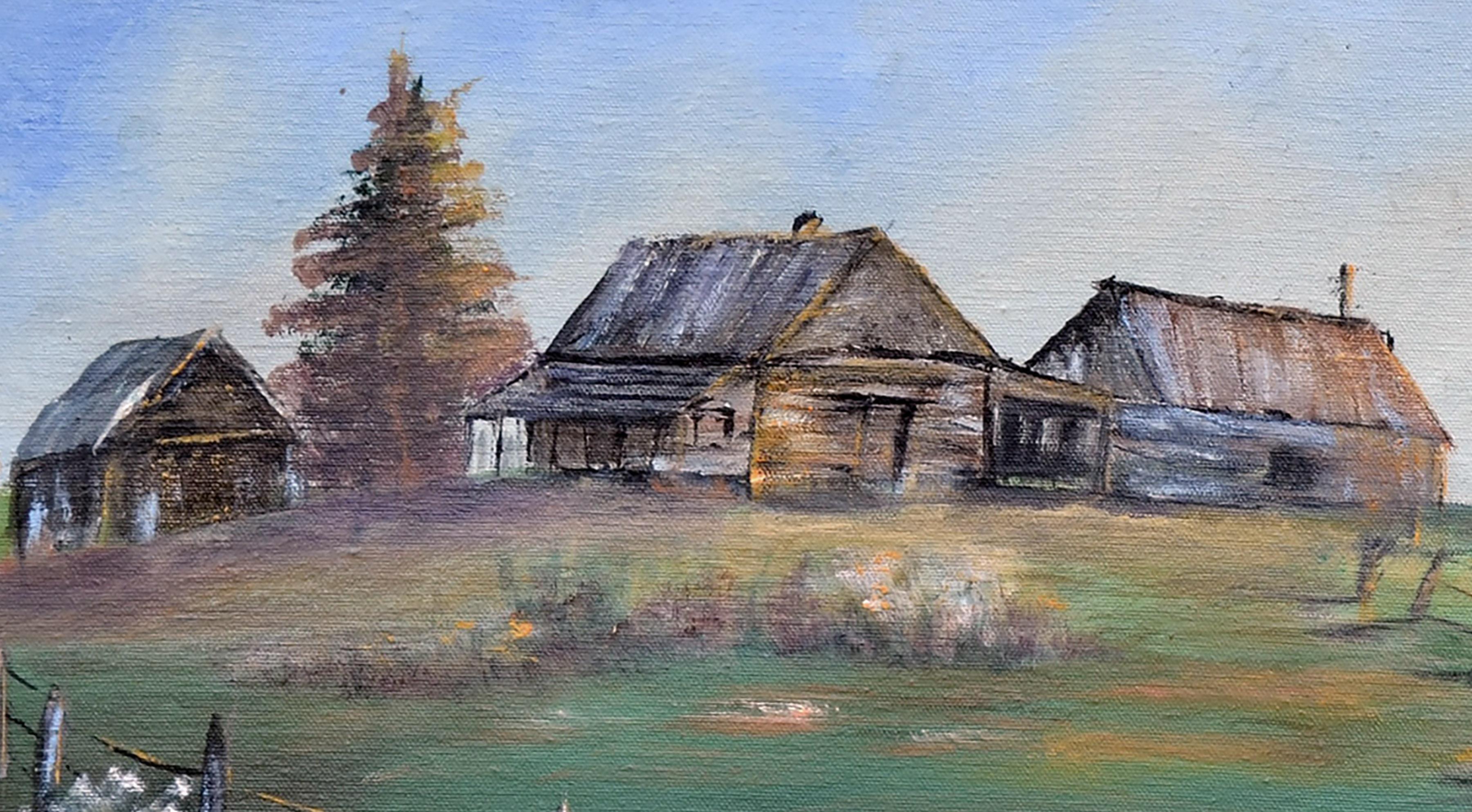 Hillside Bauernhaus-Landschaft (Grau), Landscape Painting, von Nevada Sperry 