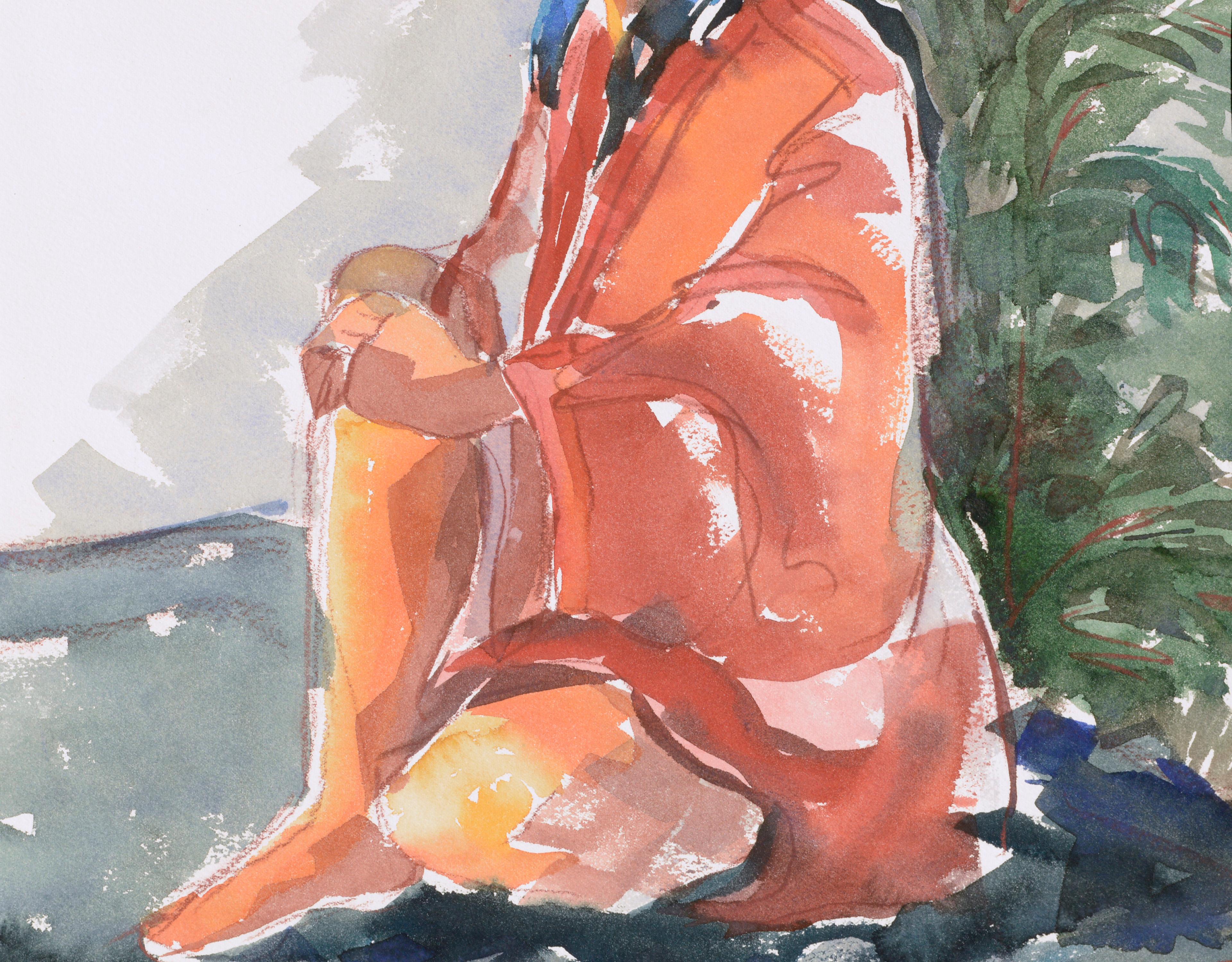 Portrait figuratif d'une femme assise - Beige Figurative Art par Doris Warner