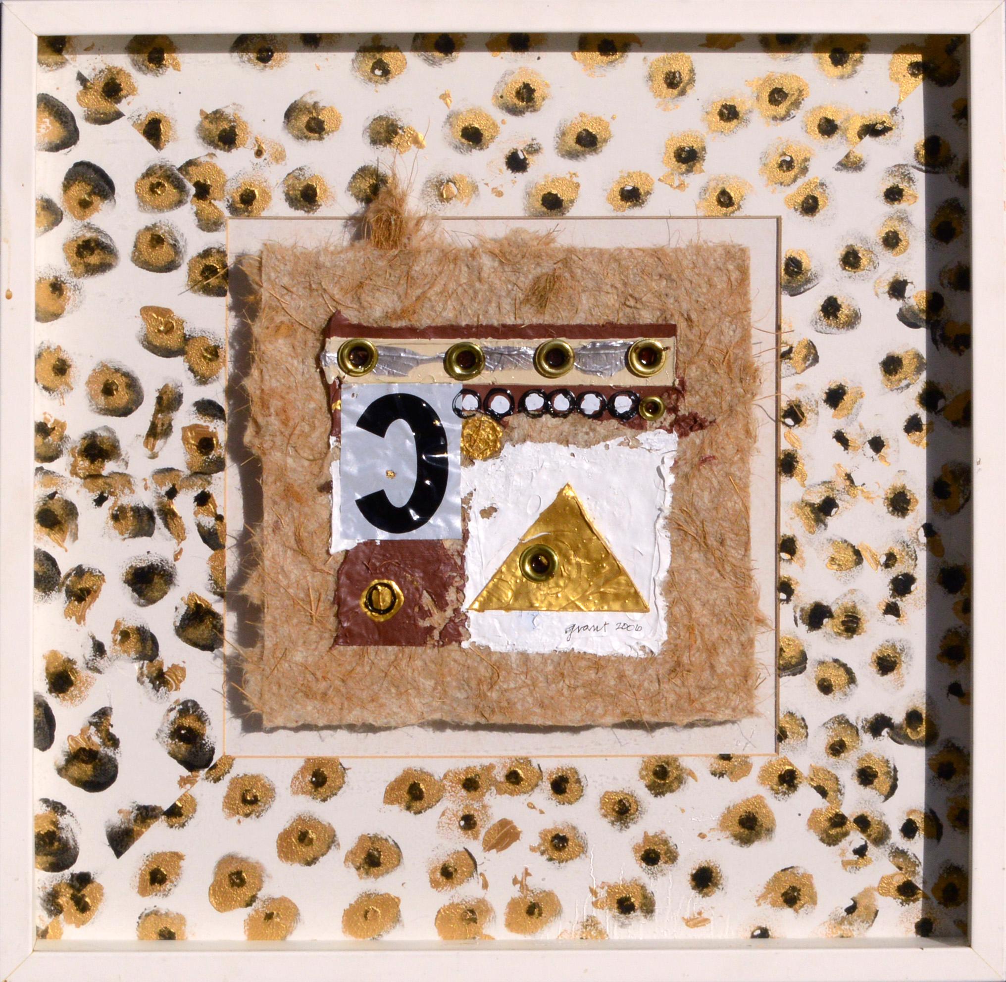 Marc Foster Grant Abstract Painting - "Spotty 'C' Shadowbox Collage", Mixed Media Abstract Assemblage w Leopard Print 
