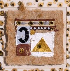 "Collage di Shadowbox con la 'C' maculata", assemblaggio astratto a tecnica mista con stampa leopardata