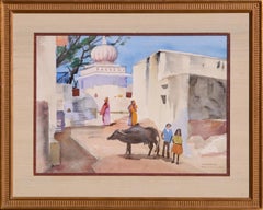 "Sesarma" Colorful Village Scene with Figures and Cow, Large-Scale Watercolor 