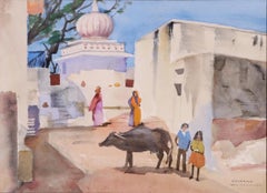"Sesarma" Colorful Village Scene with Figures and Cow, Large-Scale Watercolor