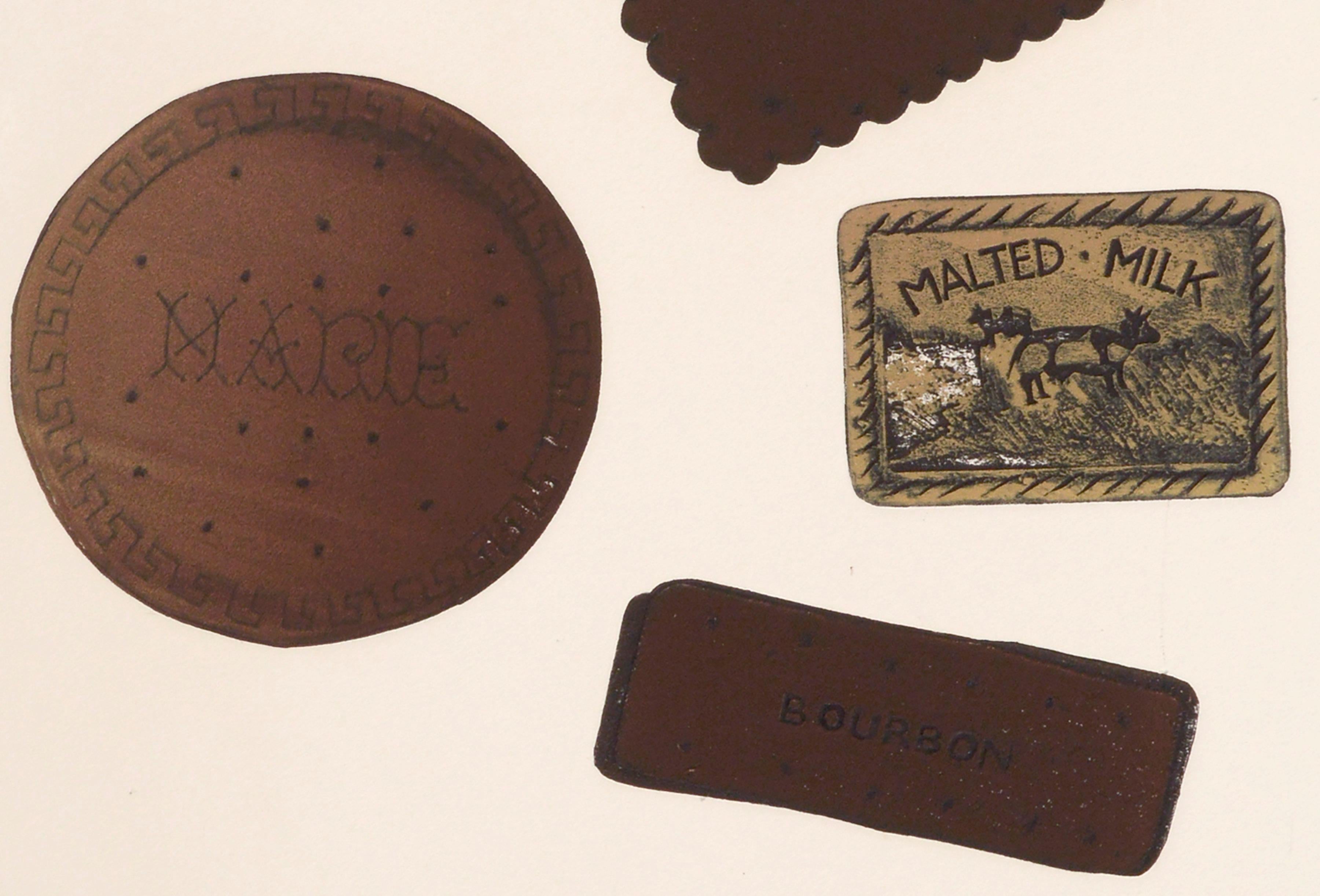 Cette charmante sérigraphie à grande échelle de 1973 représentant divers biscuits anglais dans des détails précis et maîtrisés par Marc Foster Grant (américain, né en 1947) est parfaite pour une boulangerie ou pour les amateurs de biscuits. Signé et