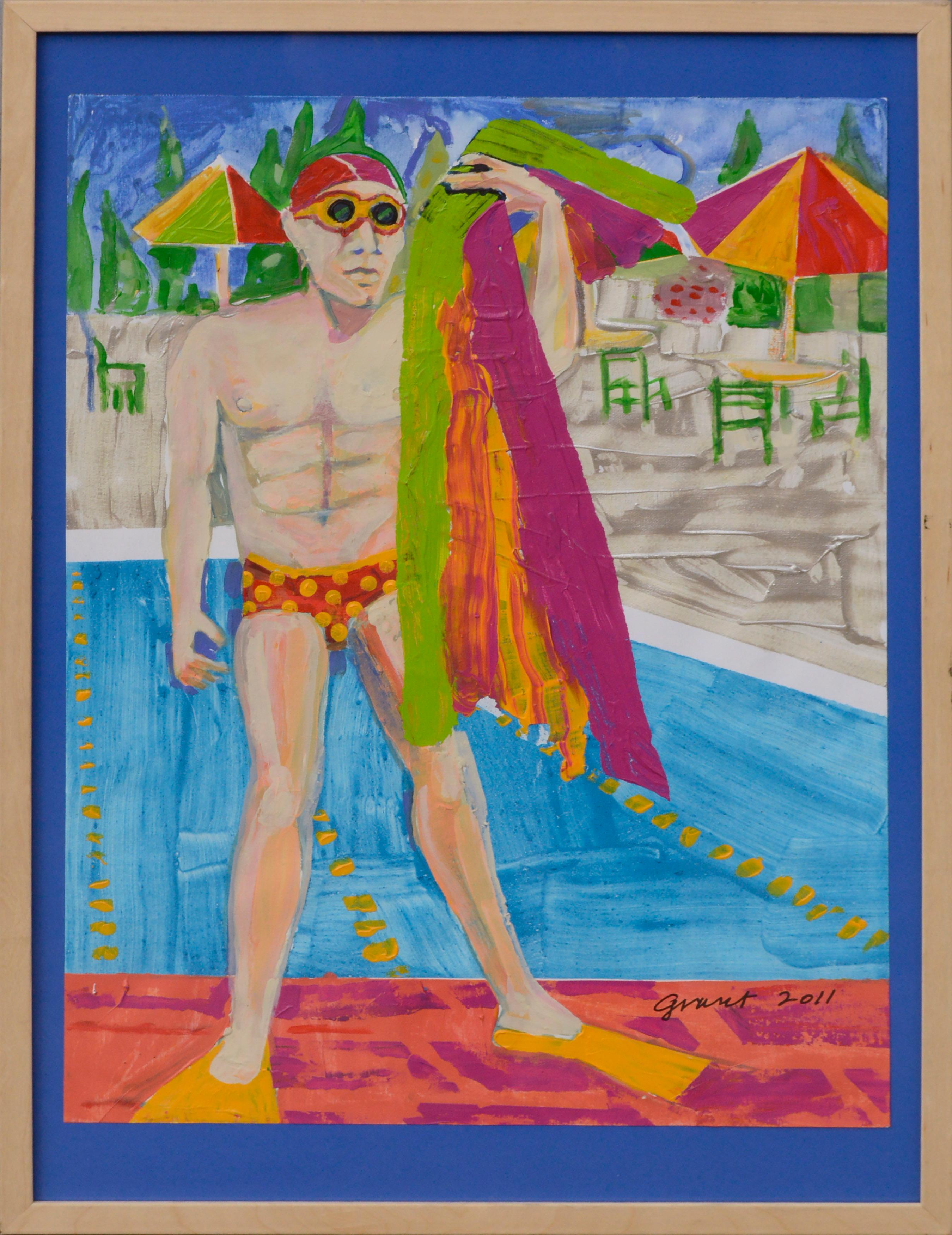 Marc Foster Grant Landscape Painting - "Towel Man" Figurative Abstract Poolside Swimmer, Aqua Culture Series 