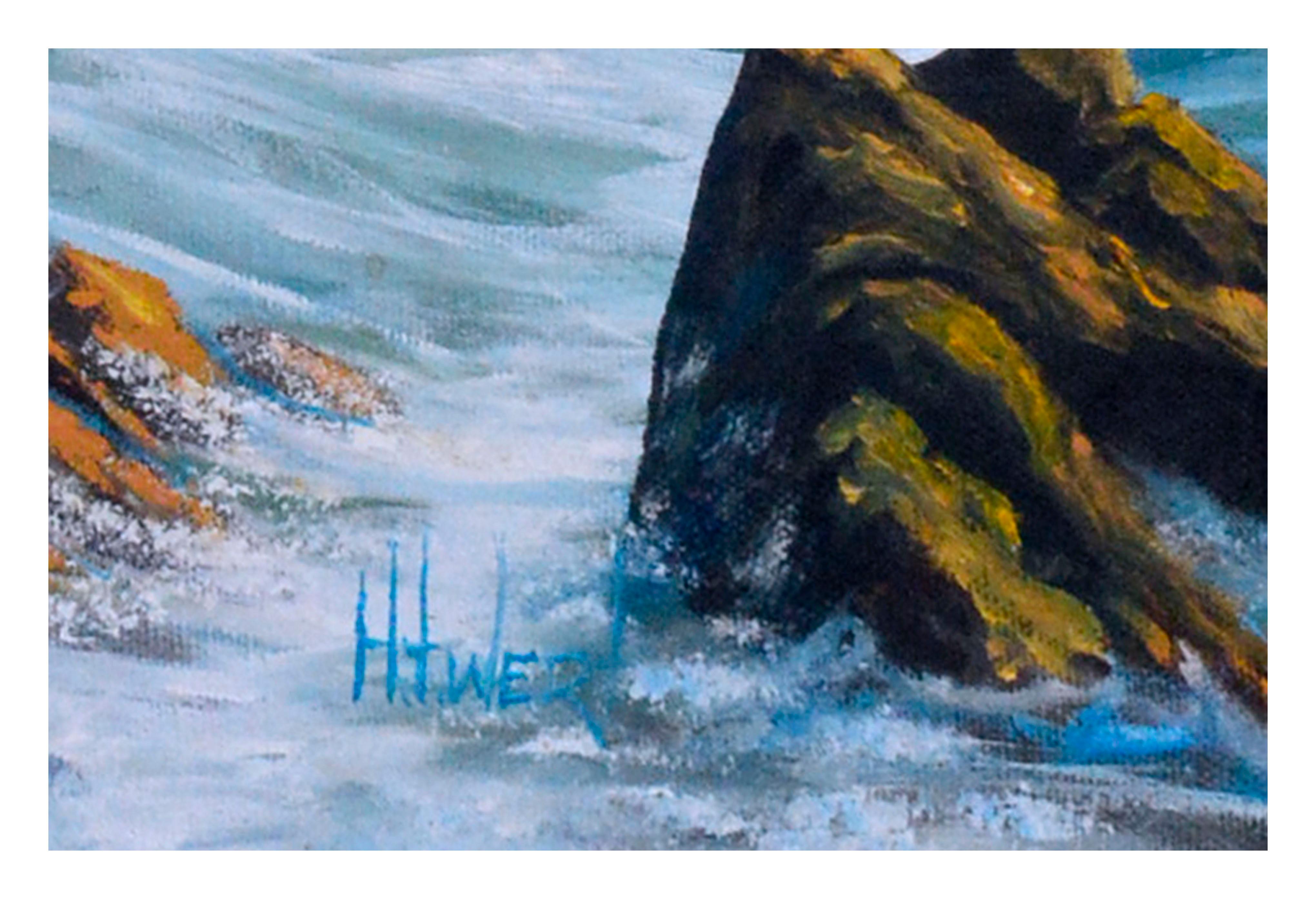 Majestic vintage seascape with dynamic waves crashing along a rocky coast by H.T. Wert (américain, 20ème siècle). Signé en bas à droite. Signé 