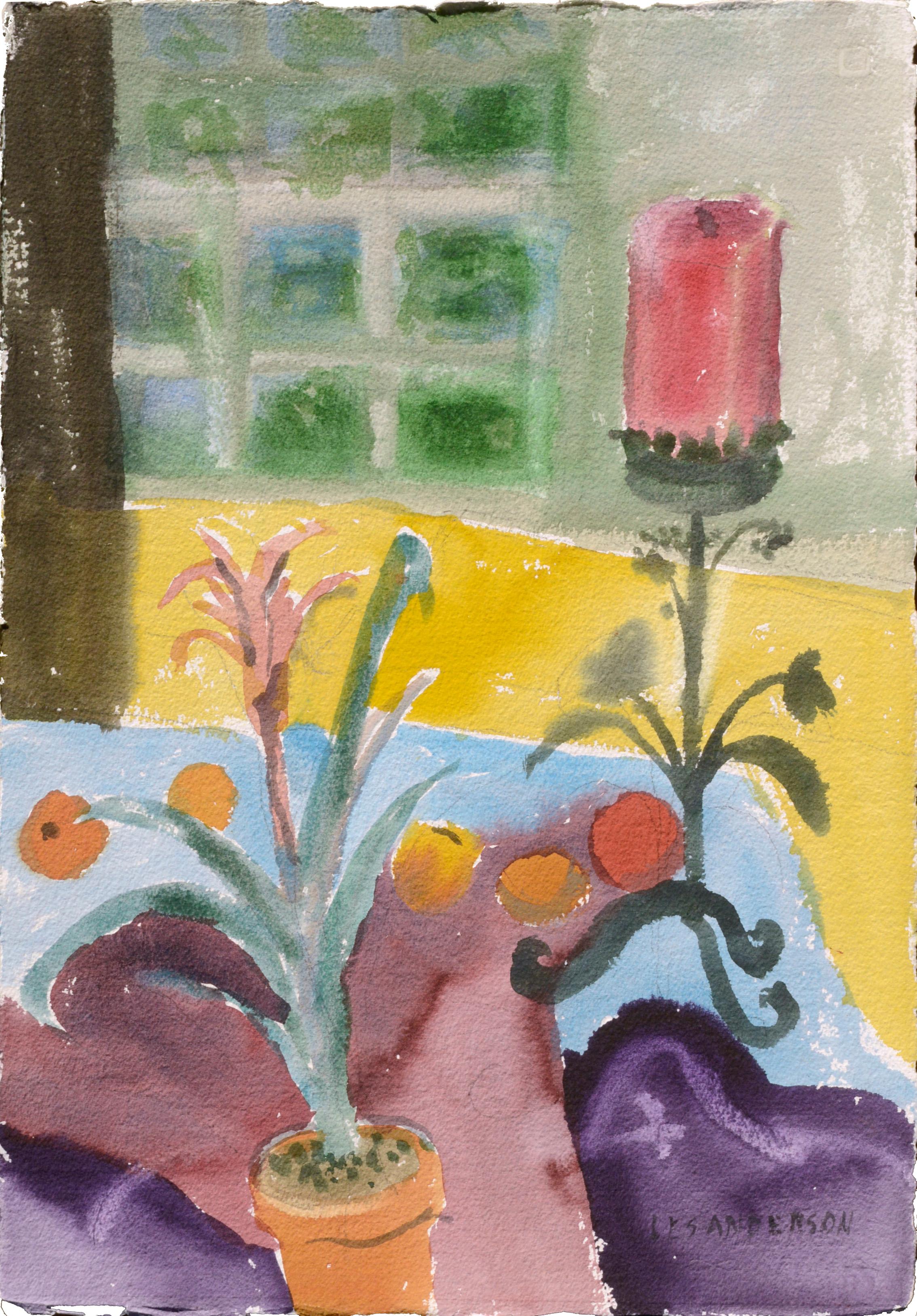 Watercolor Still Life with Red Candle and Plant