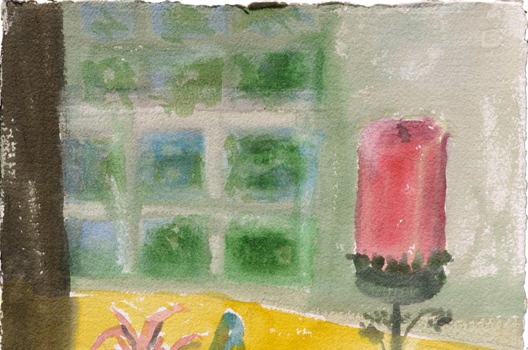 Watercolor Still Life with Red Candle and Plant - Art by Les Anderson