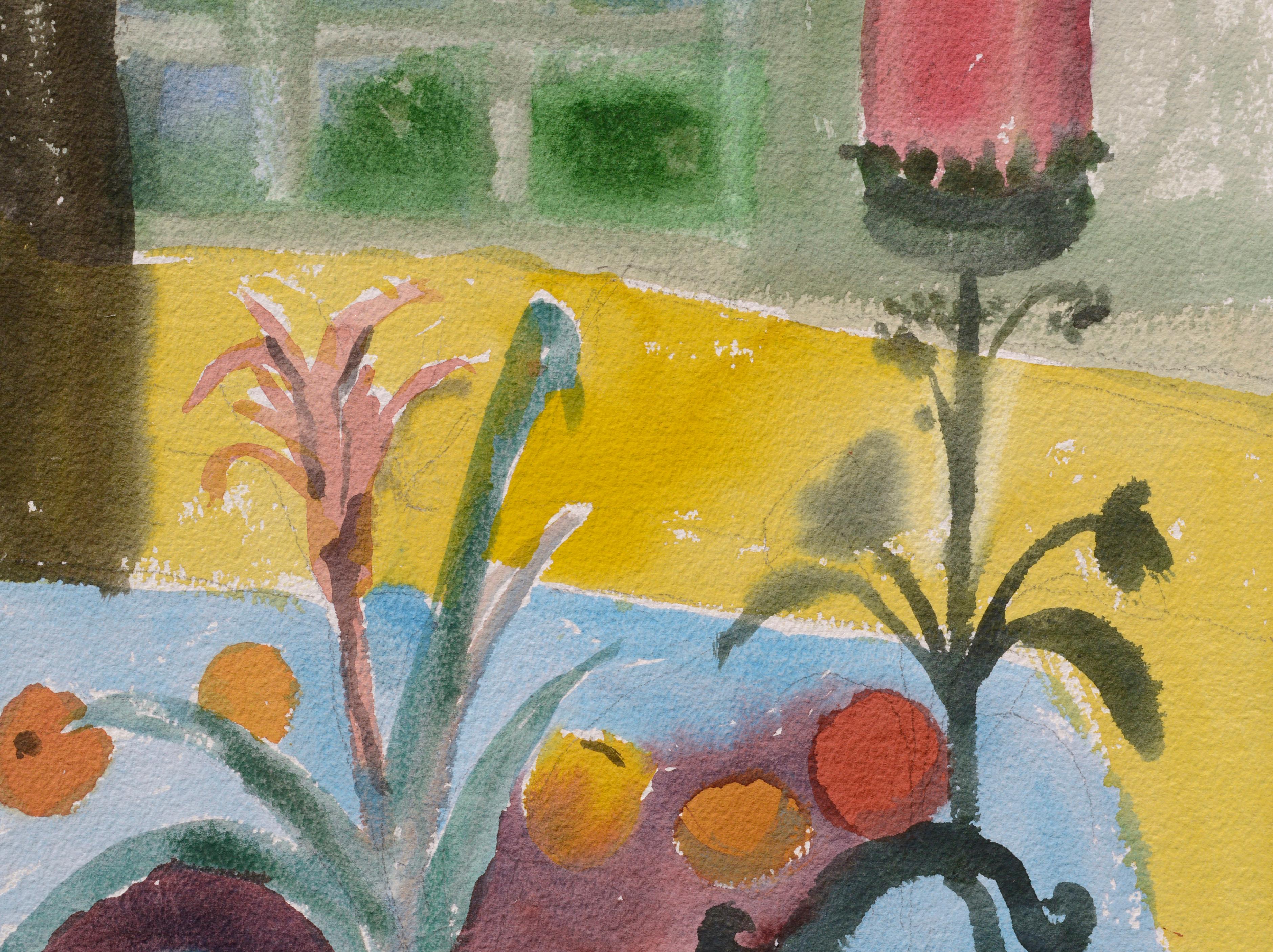 Aquarell-Stillleben mit roter Kerze und Pflanze (Amerikanischer Impressionismus), Art, von Les Anderson