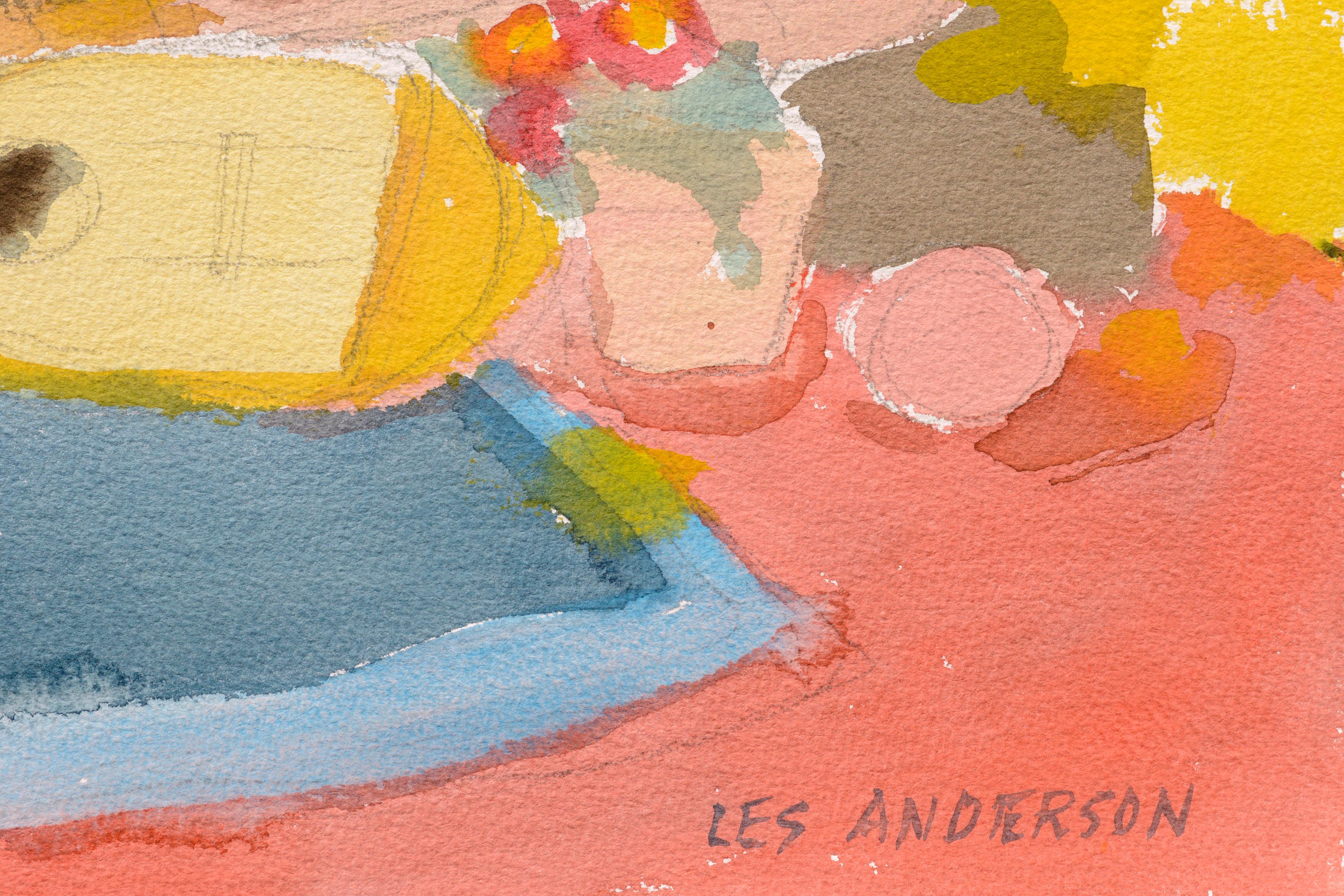 Stillleben mit Mandolinen und Blumen (Braun), Interior Art, von Les Anderson