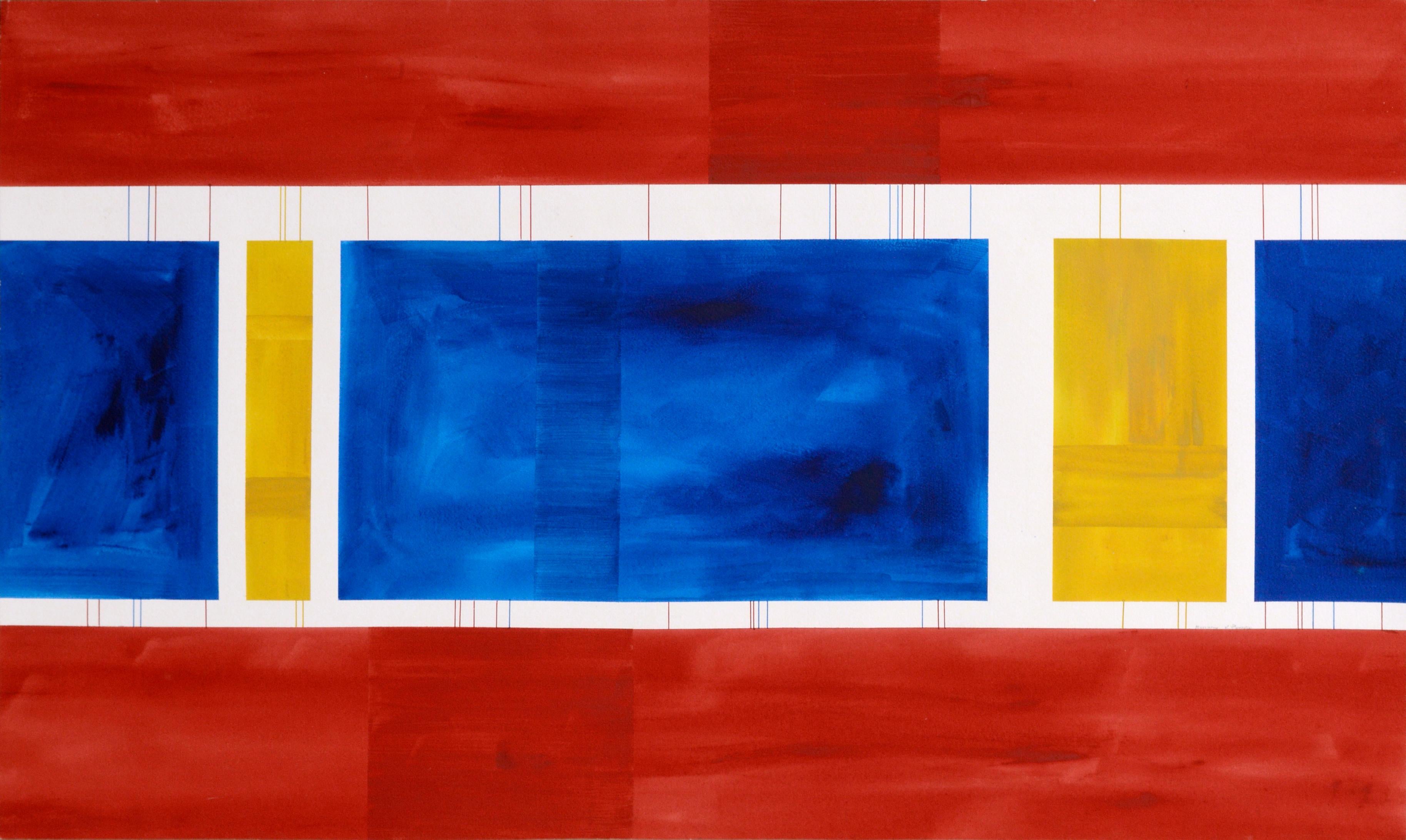 Astratto geometrico primario tricolore su larga scala in rosso, giallo e blu