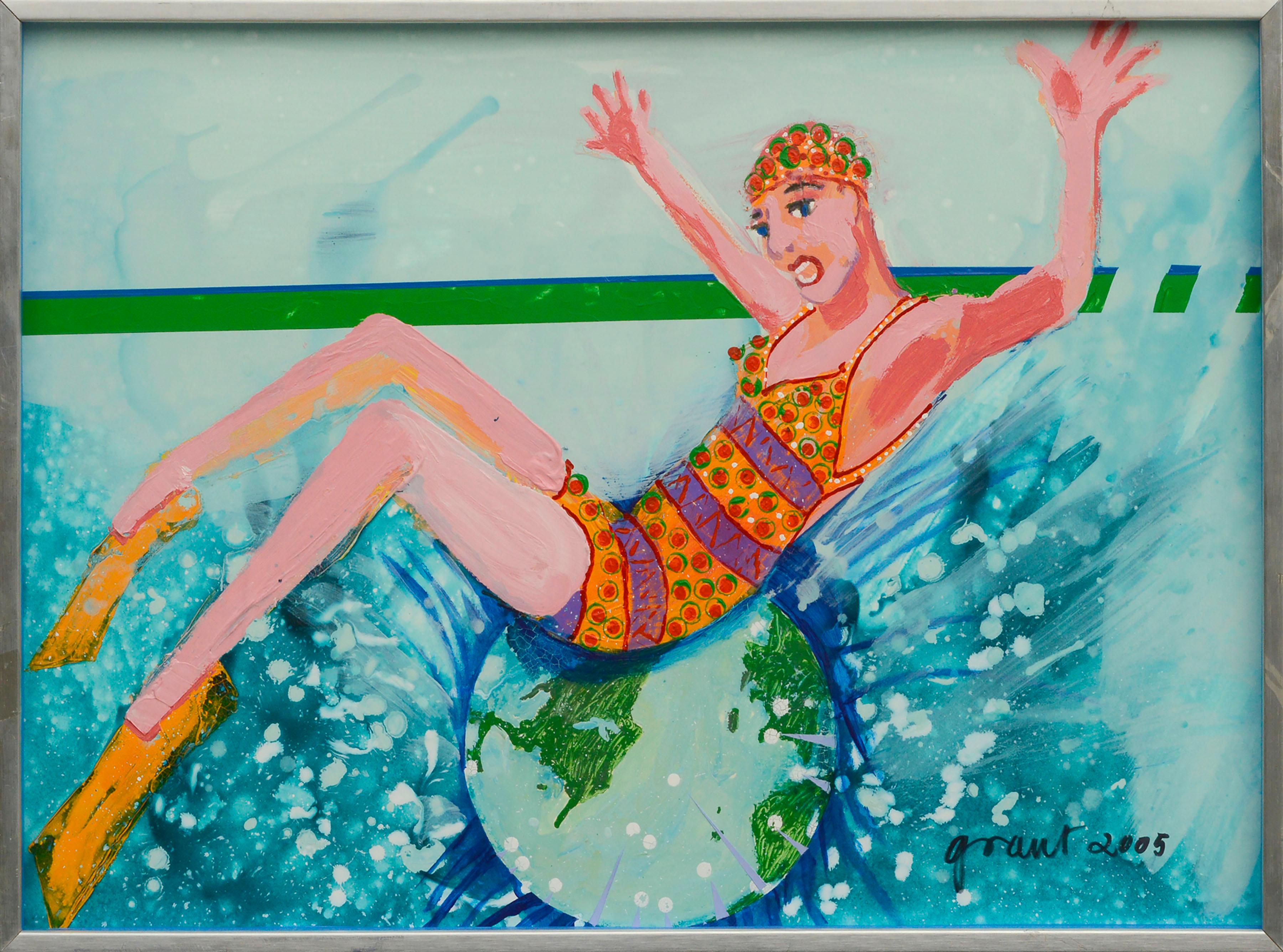 ""Make a Splash"", Großformatige figurative abstrakte Skulptur mit Swimmer im Pool 