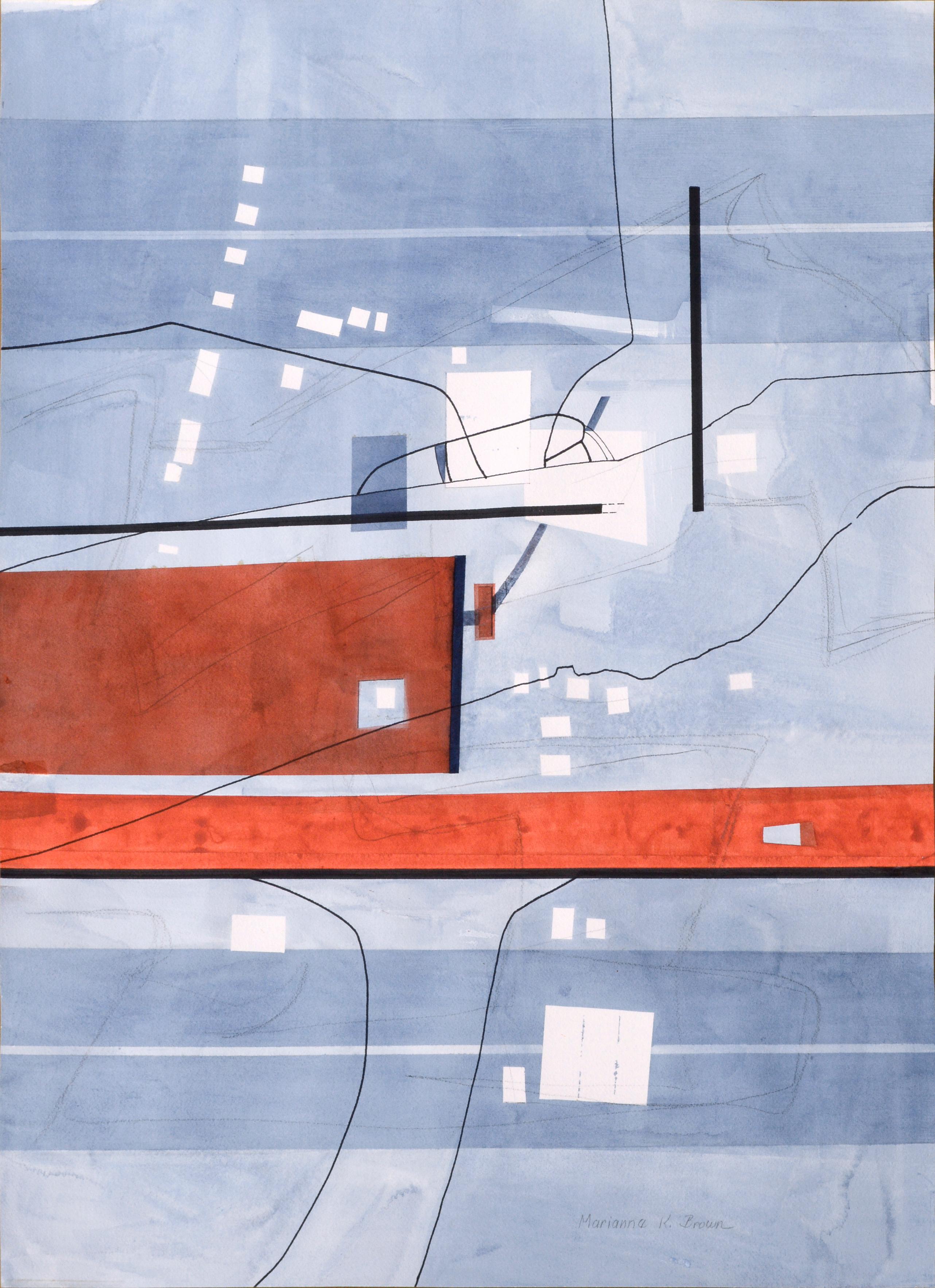 Marianne K. Brown Abstract Drawing - "Roads and Things" Geometric Abstract in Greyscale & Red