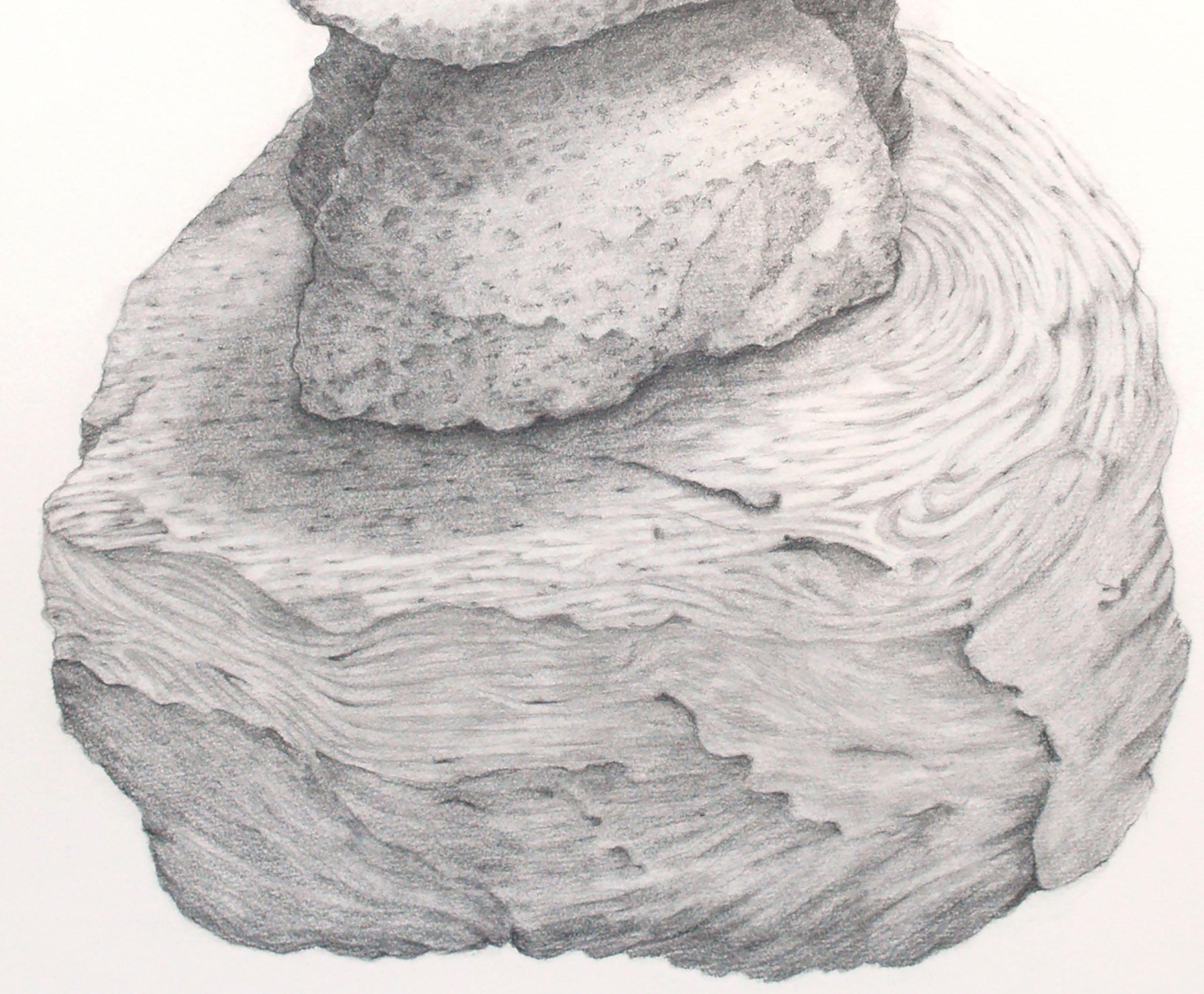 Sehr detailliertes Graphitstillleben eines balancierenden Steinstapels der Künstlerin Kate Scott (Amerikanerin, geb. 1943) aus dem pazifischen Nordwesten. Signiert 