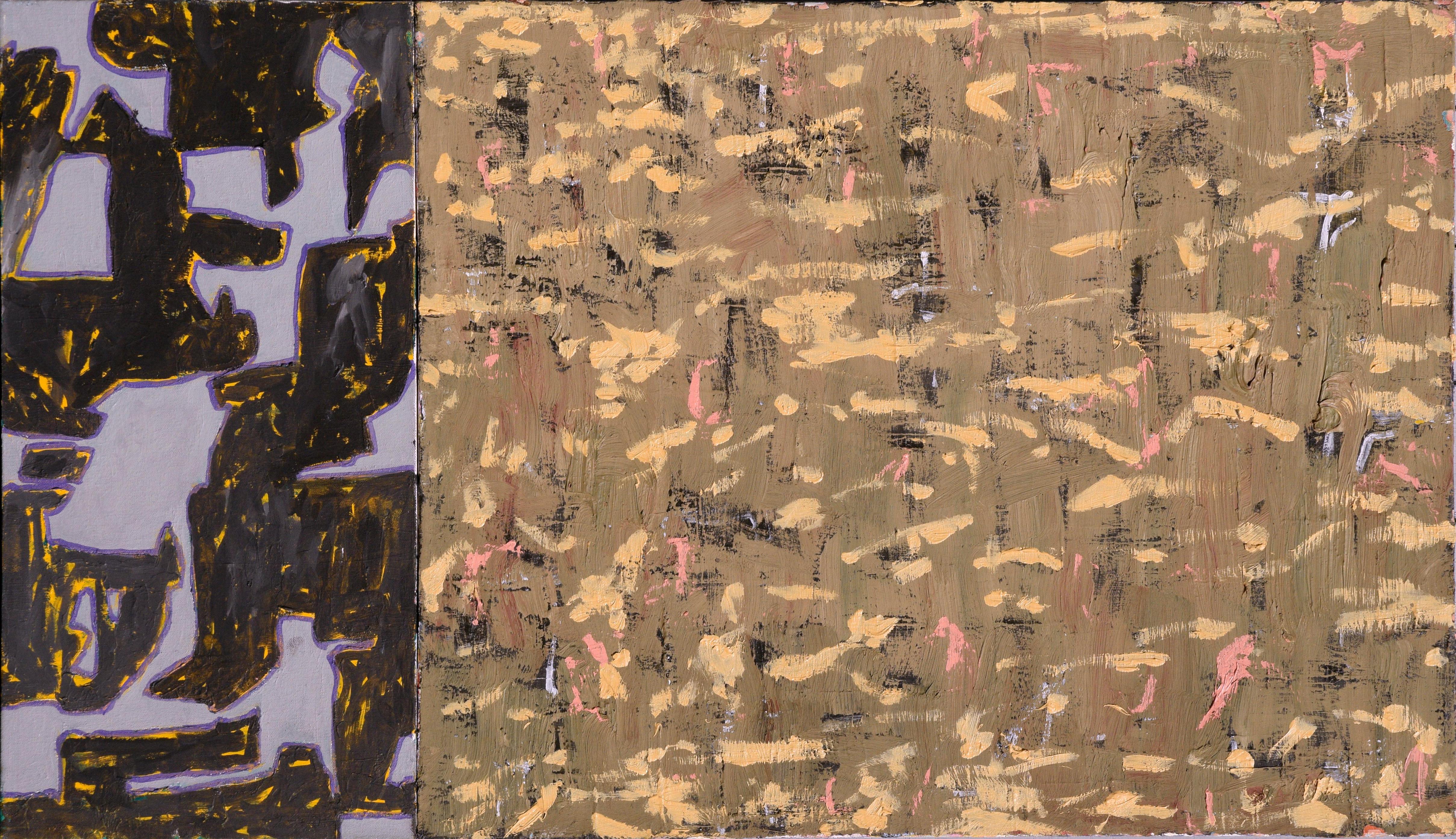 Michael Pauker  Abstract Painting – Zeitgenössisches zweiteiliges abstraktes Set: Hellbraun und Schwarz mit Lavendel