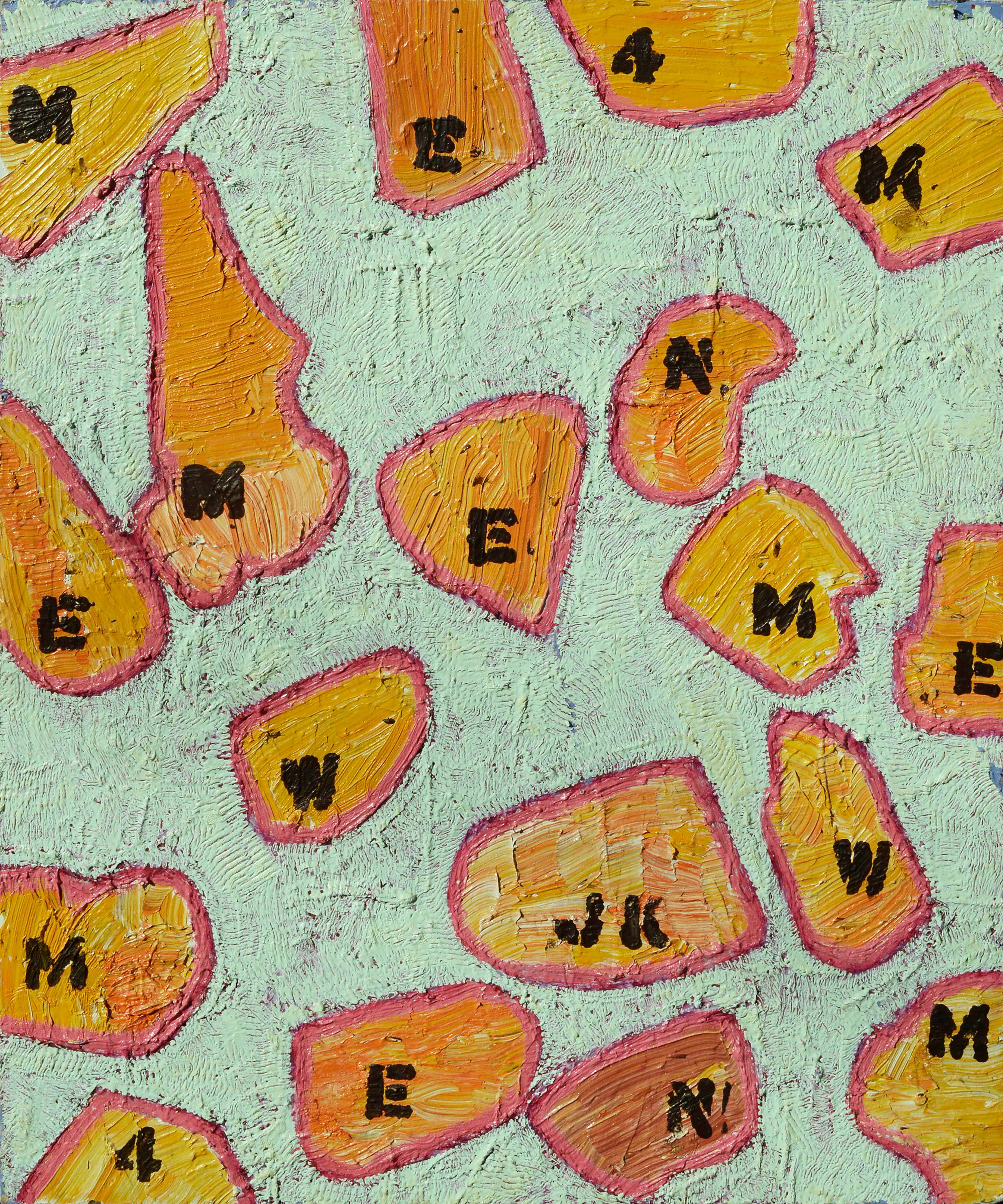 Michael Pauker  Abstract Painting - Textural Alphabet Letter Abstract in Ice Blue, Orange, & Pink 