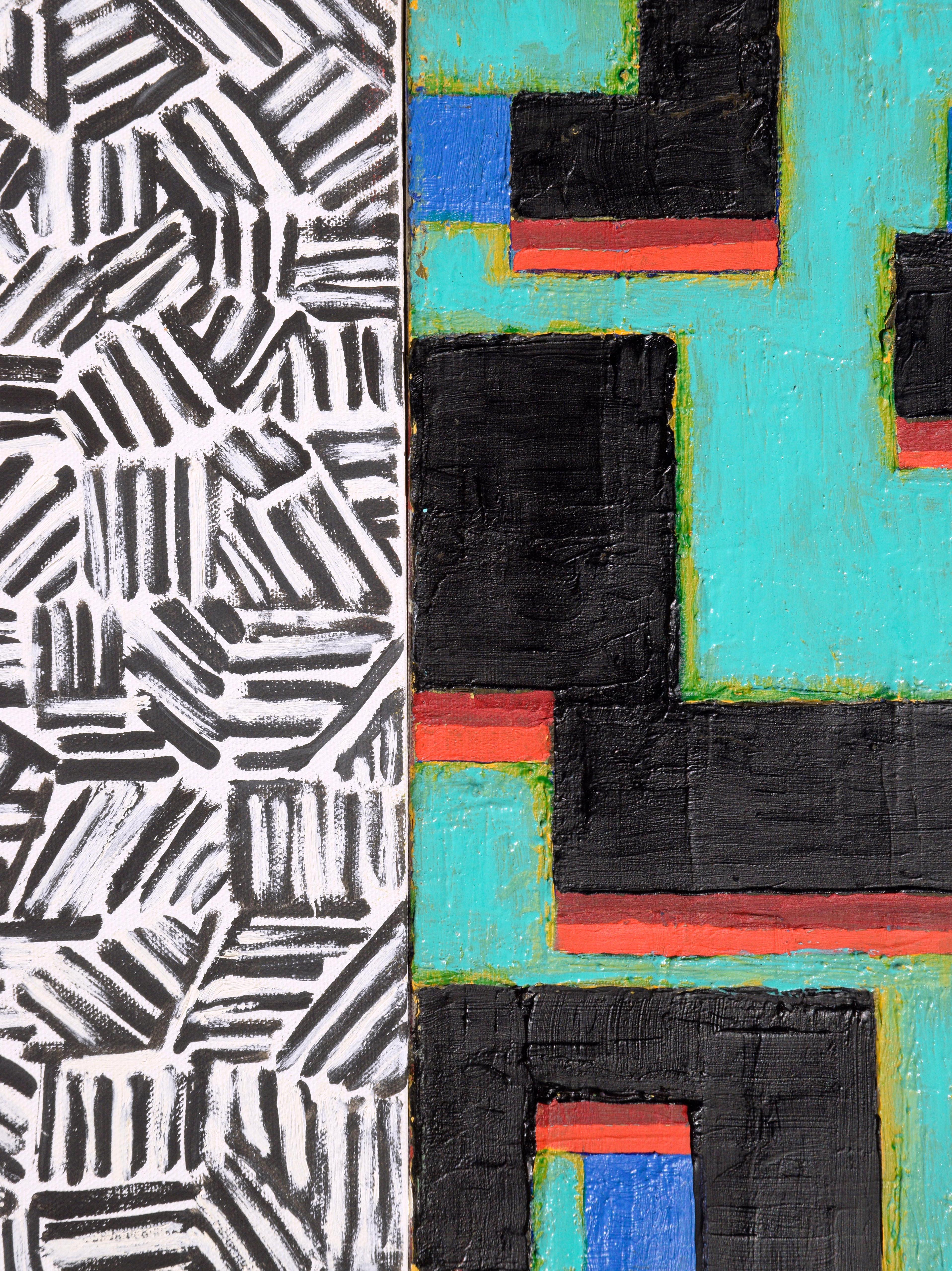 Contemporary Two-Part Geometric Abstract: Teal and Monochrome For Sale 2