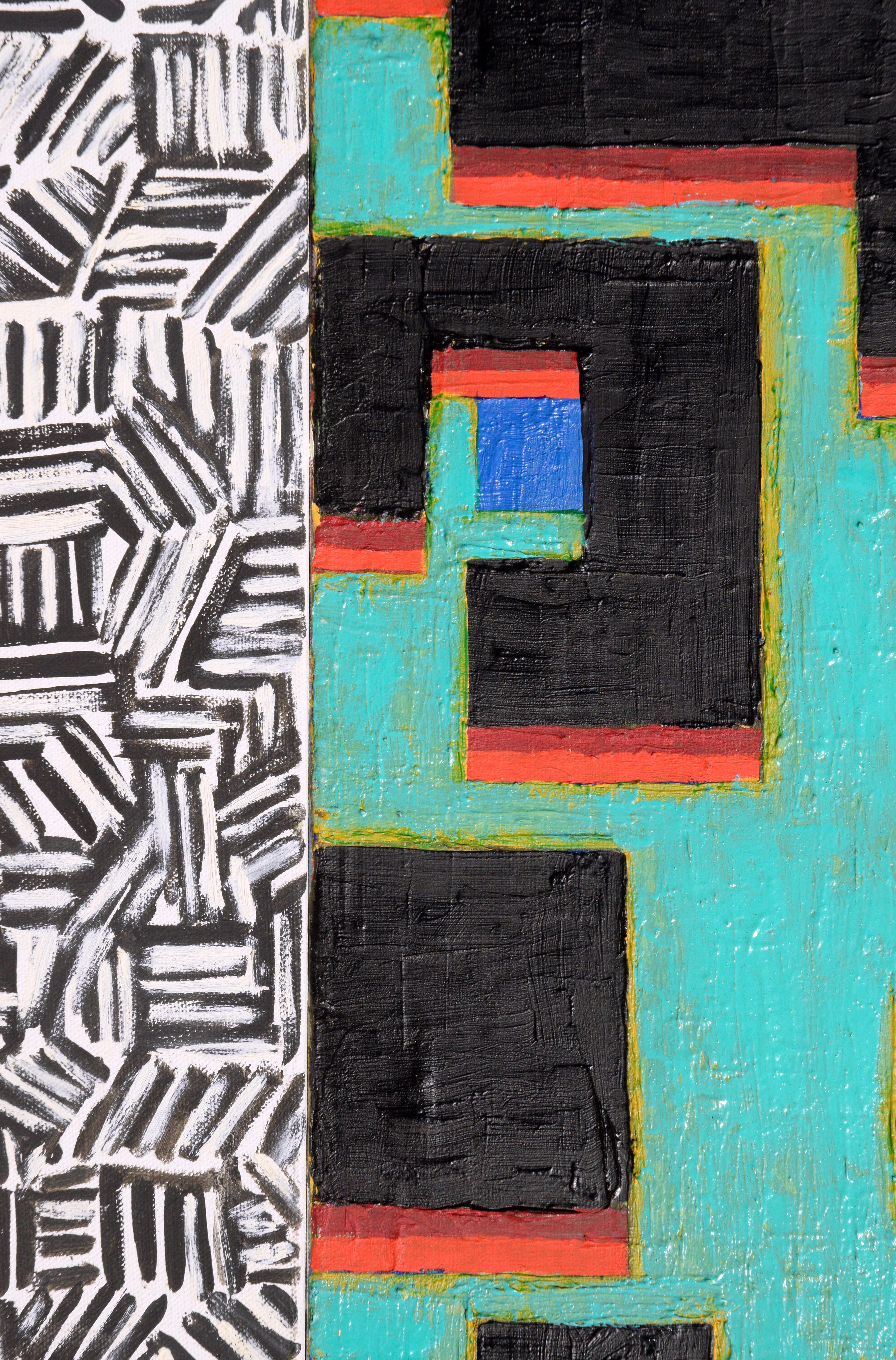 Contemporary Two-Part Geometric Abstract: Teal and Monochrome For Sale 3