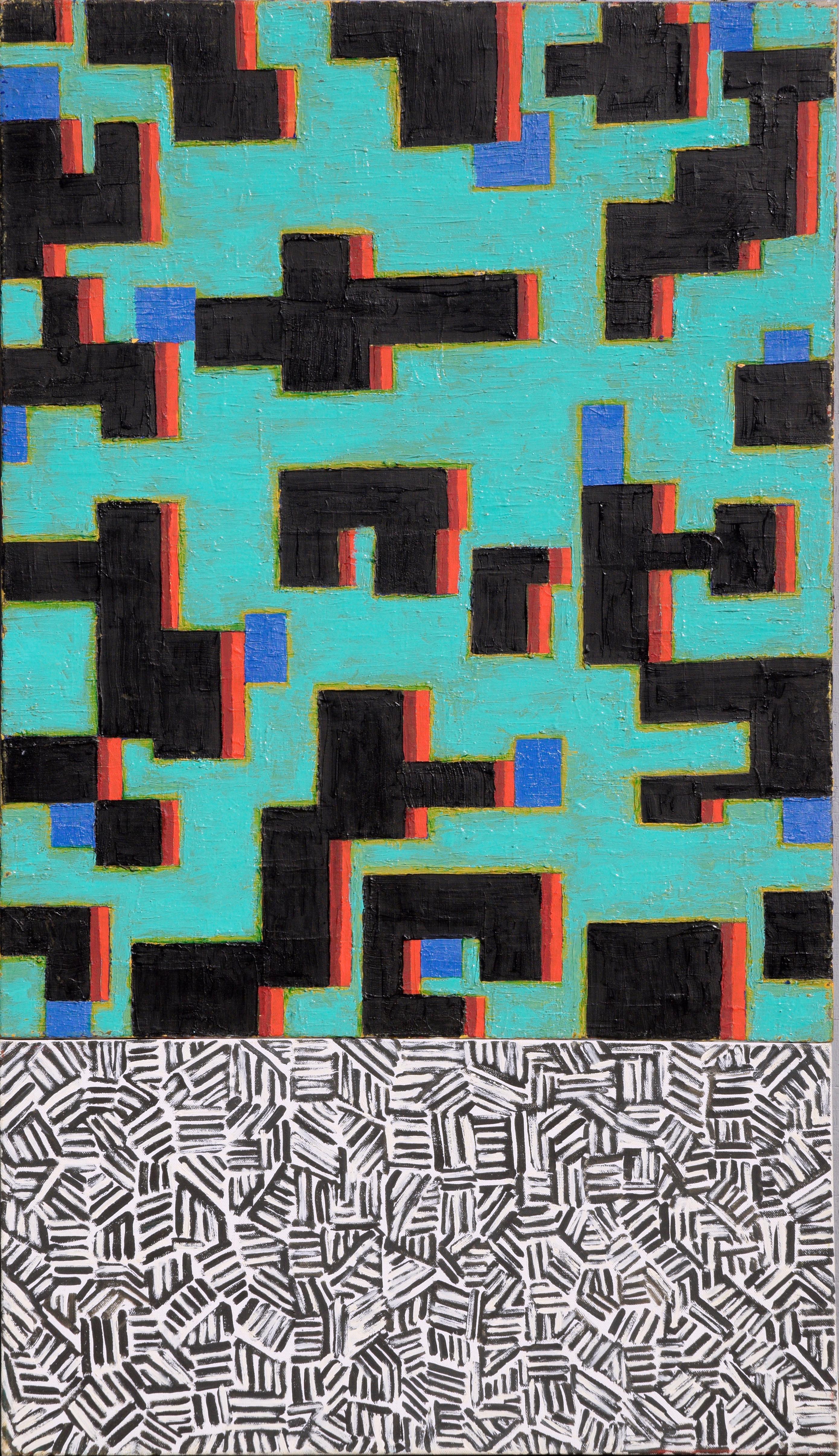 Contemporary Two-Part Geometric Abstract: Teal and Monochrome - Abstract Geometric Painting by Michael Pauker 