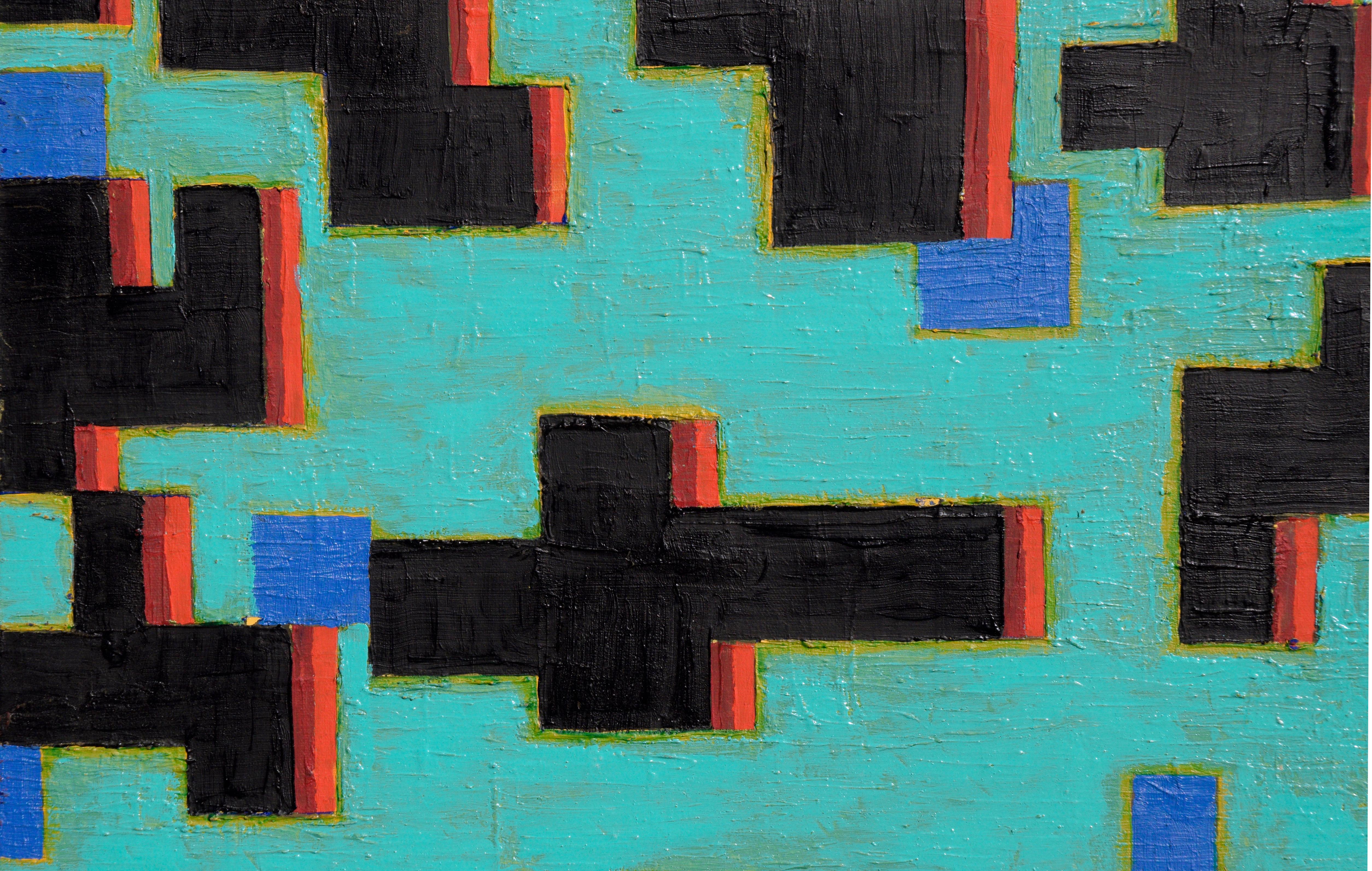 Contemporary Two-Part Geometric Abstract: Teal and Monochrome - Painting by Michael Pauker 