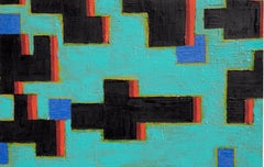 Contemporary Two-Part Geometric Abstract: Teal and Monochrome
