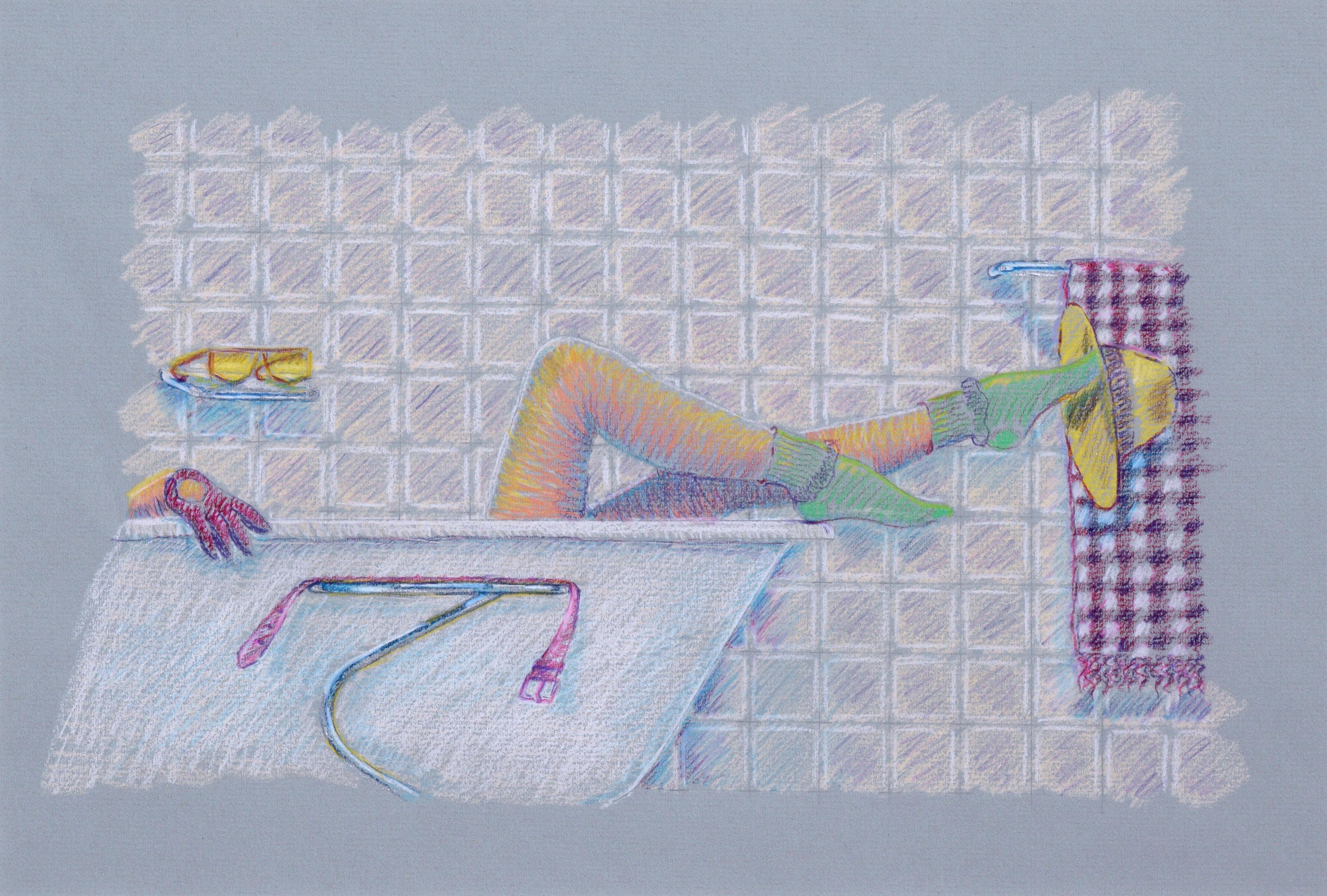 In the Tub with Socks and Gloves, Contemporary Interior Figurative Scene  - Art by Gary Ermoloff
