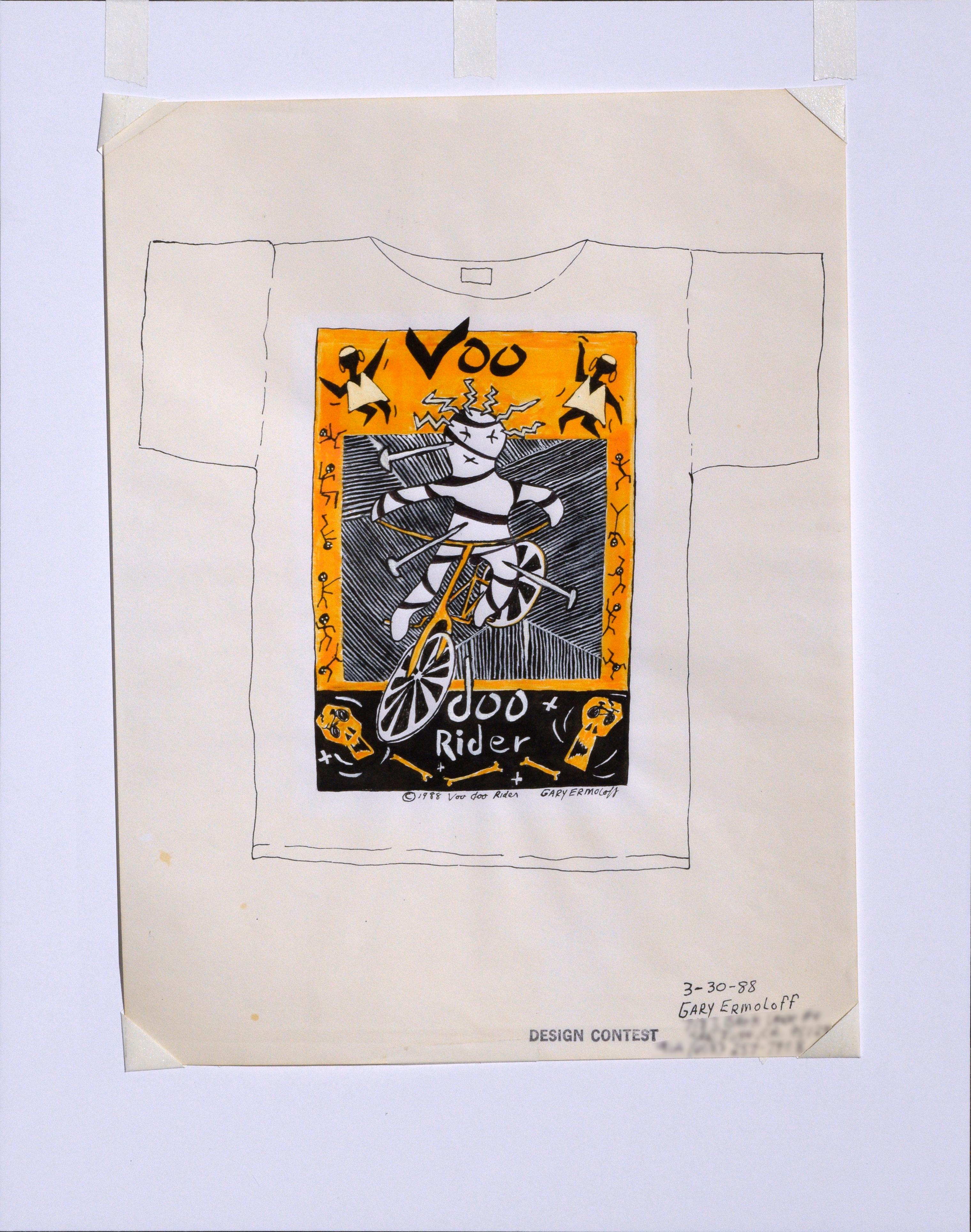 Originalzeichnung für ein T-Shirt-Design der späten 1980er Jahre für Voodoo Rider von Gary Ermoloff (Amerikaner, geb. 1949). Datiert, betitelt und signiert am unteren Rand des Entwurfs. 

Künstlerinfo in der unteren rechten Ecke (unscharf, um die