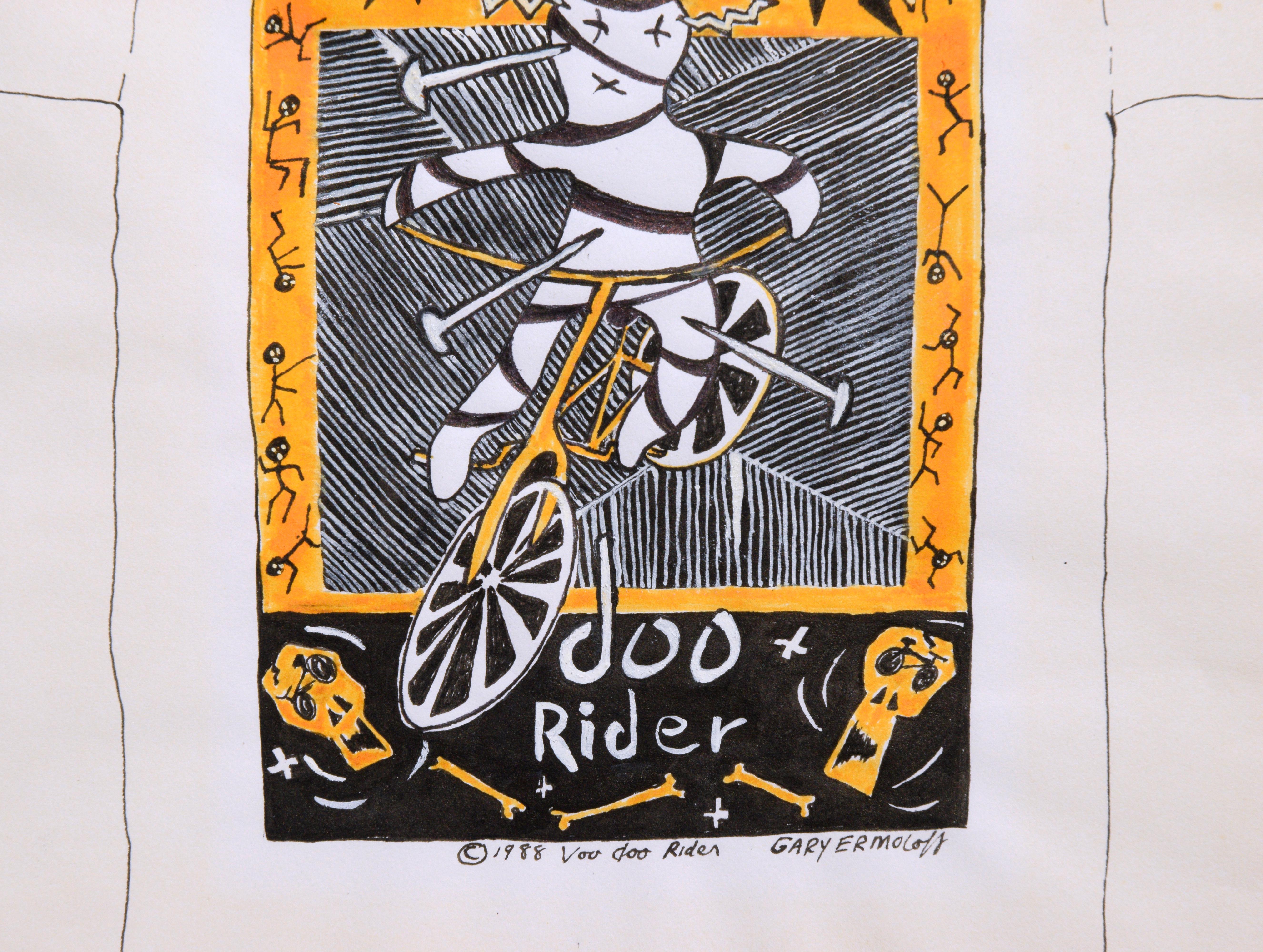 Original Voodoo Rider Original 1980er T-Shirt Design Zeichnung  (Weiß), Figurative Painting, von Gary Ermoloff
