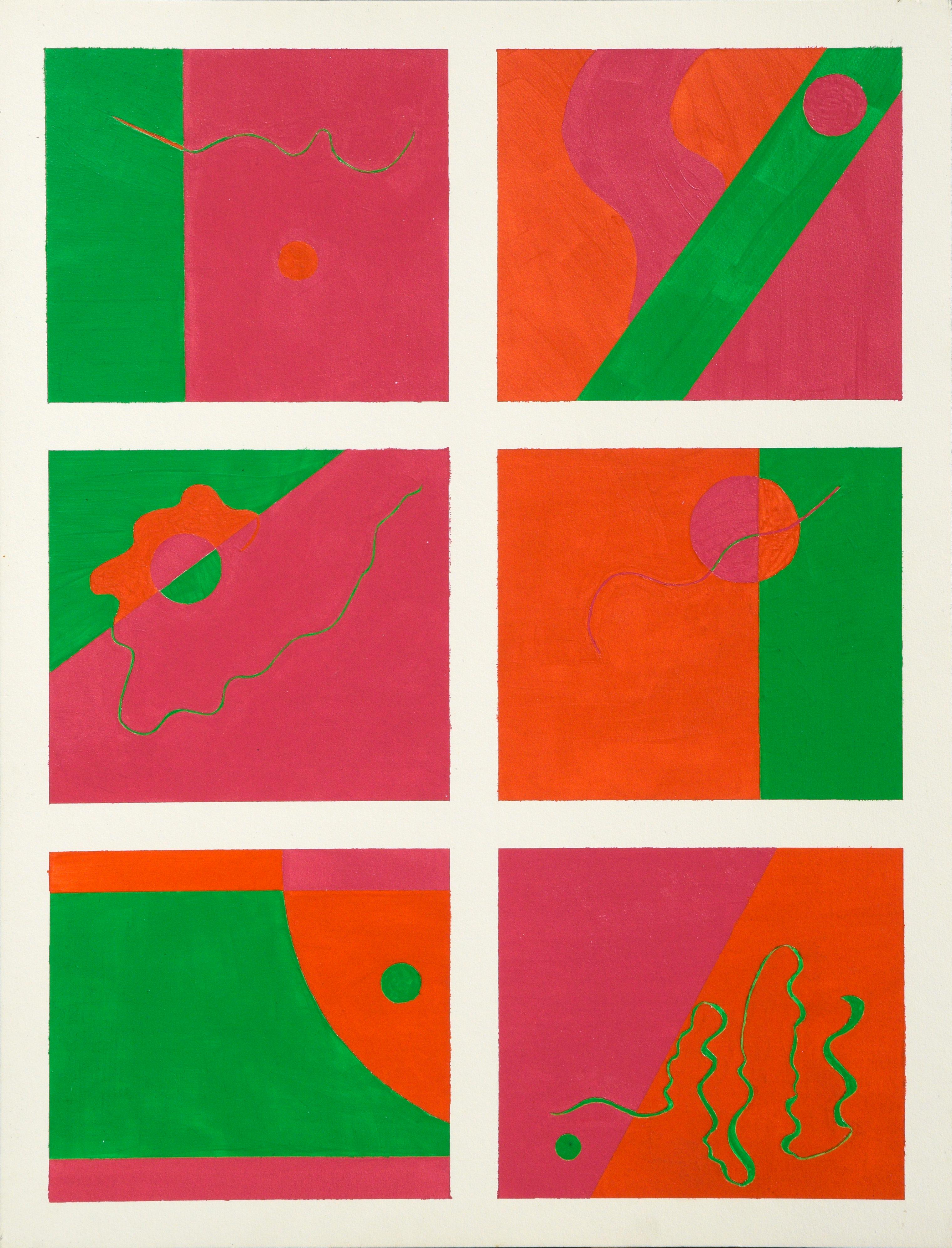 Gary Ermoloff Abstract Painting - Six-Part Neon Geometric Abstract with Green, Orange, & Hot Pink 