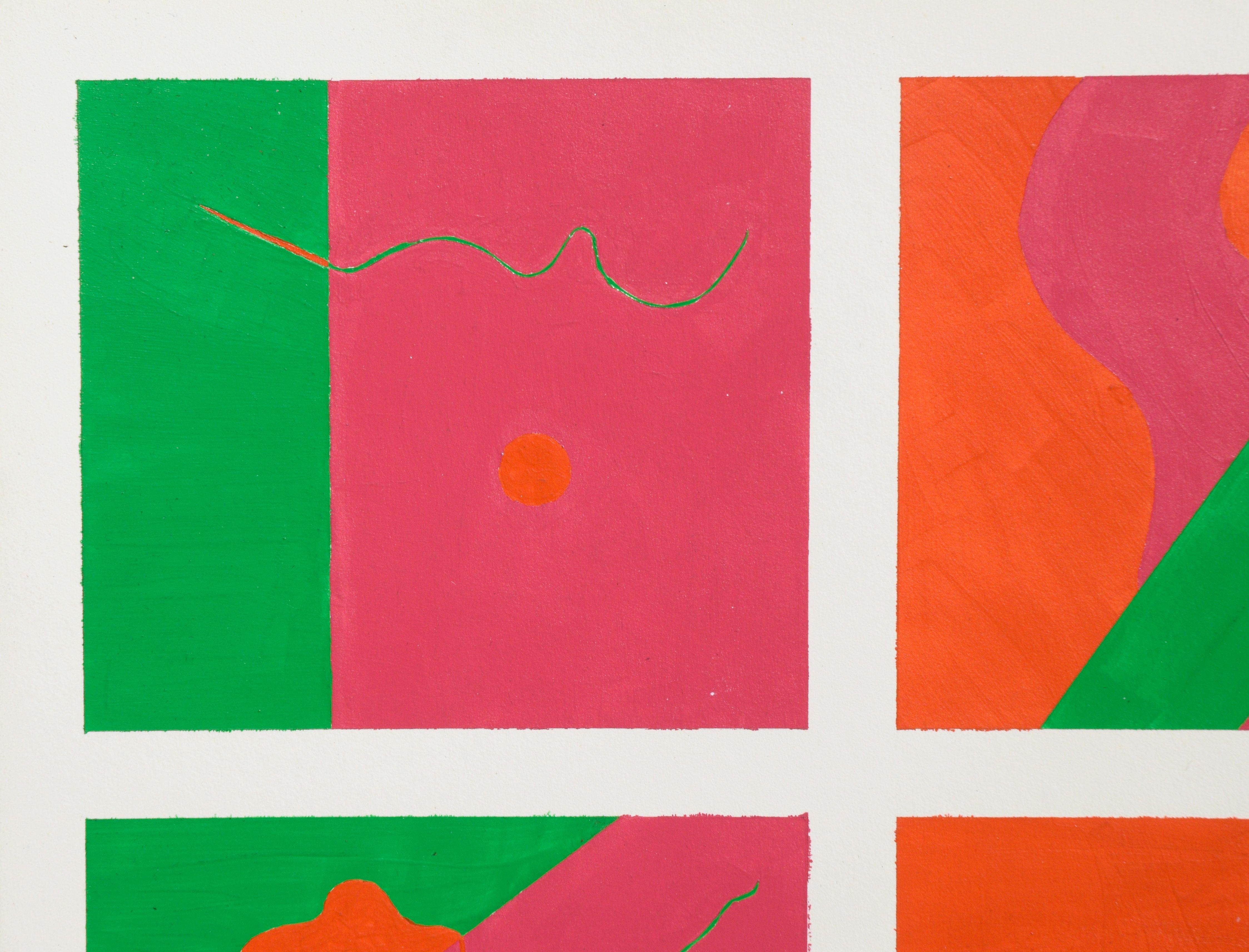 Six-Part Neon Geometric Abstract with Green, Orange, & Hot Pink  - Painting by Gary Ermoloff