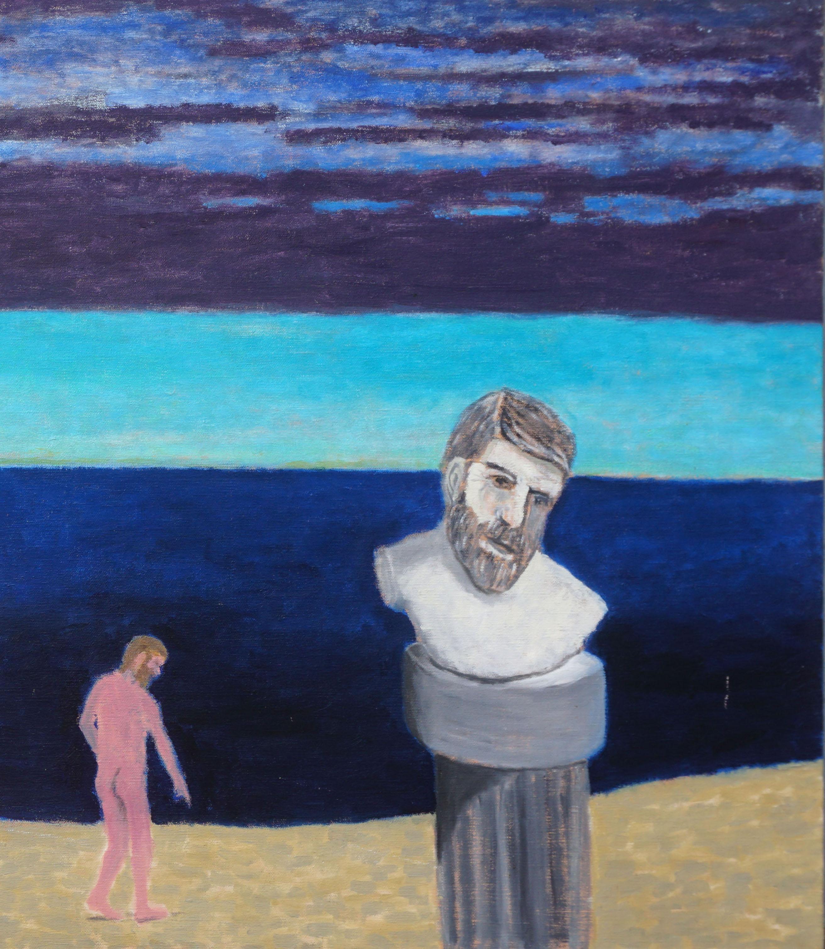 Figures on the Beach with Sculpture, Contemporary Surreal Figural Landscape - Purple Figurative Painting by Michael Pauker 
