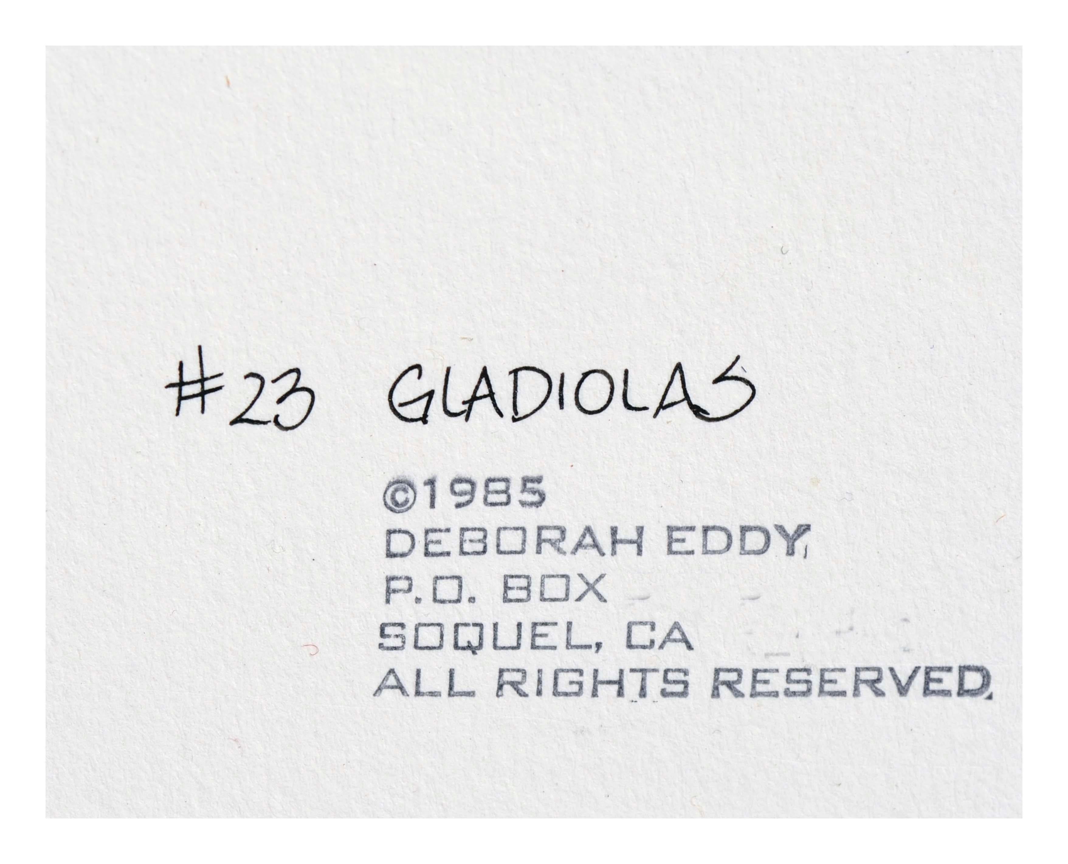 Lebendige Aquarell-, Feder- und Tuschestudie roter Gladiolen mit brillanter Detailgenauigkeit und einem unverkennbar zarten Stil der kalifornischen Künstlerin Deborah Eddy (Amerikanerin, geb. 1943). Signiert 