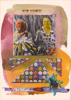 "Trabajadores de élite", collage figurativo moderno a pequeña escala con acuarela de Dick Crispo