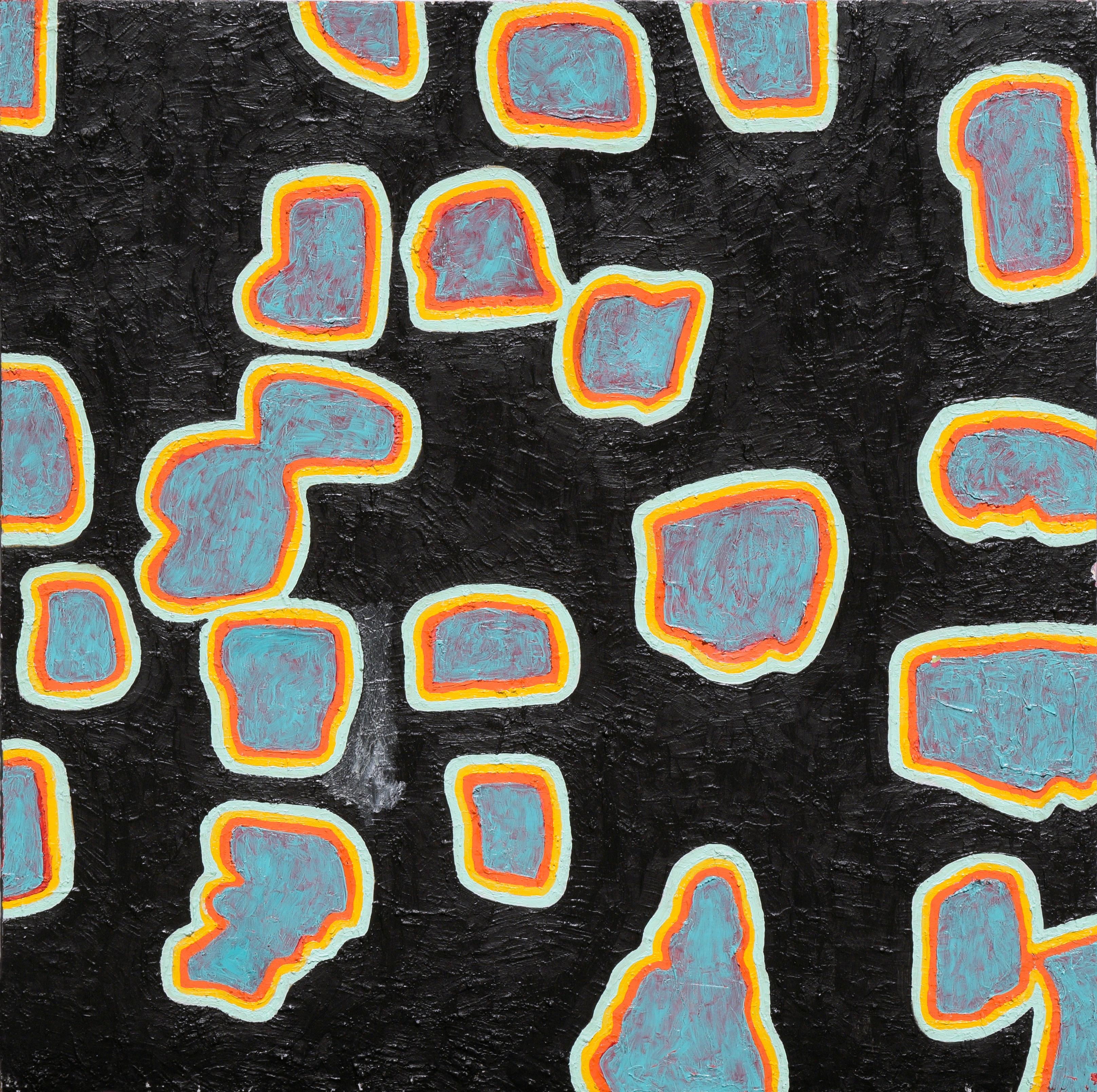Michael Pauker  Abstract Painting - Blue and Orange Shapes on a Black Field