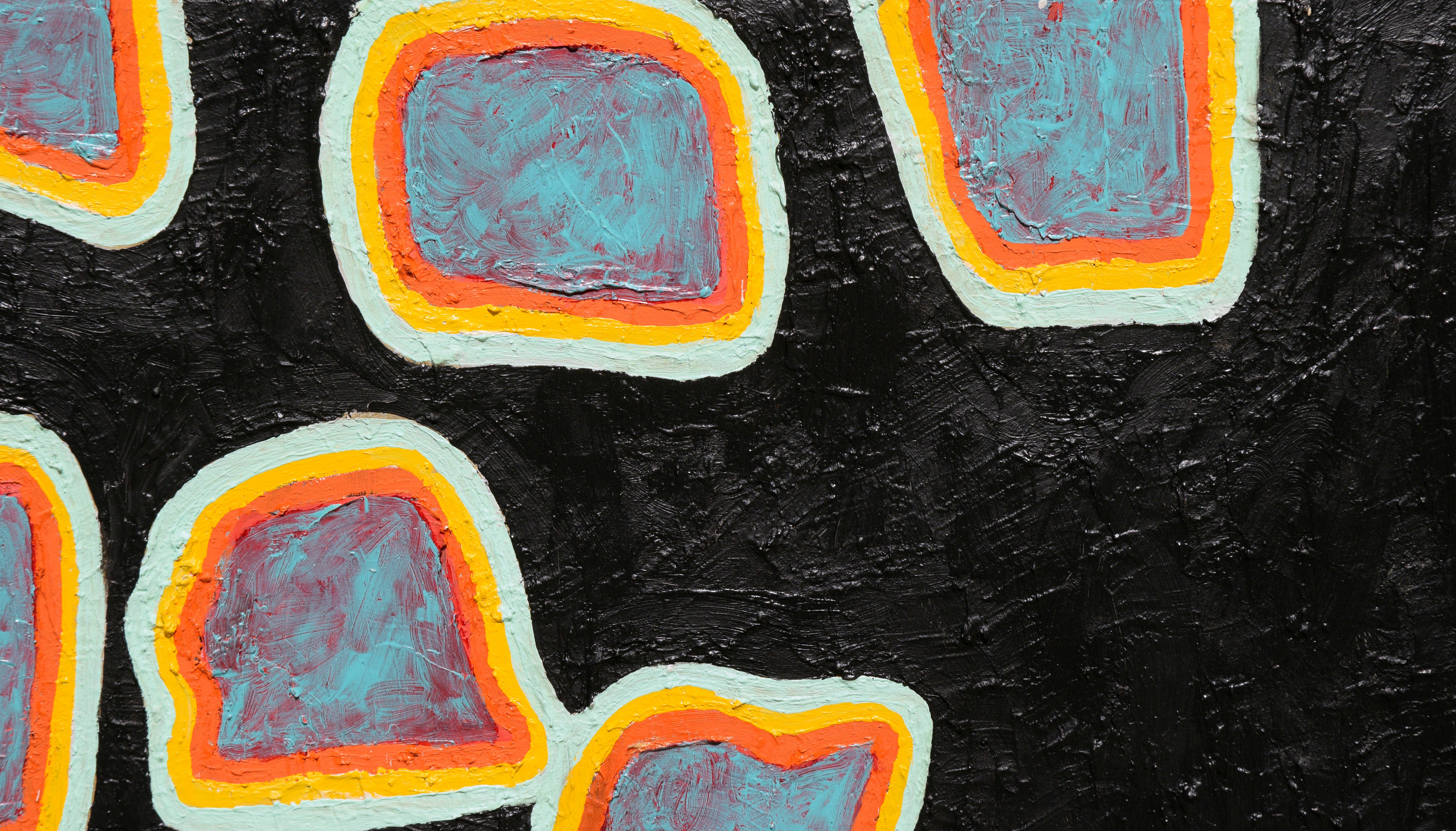 Blue and Orange Shapes on a Black Field - Painting by Michael Pauker 