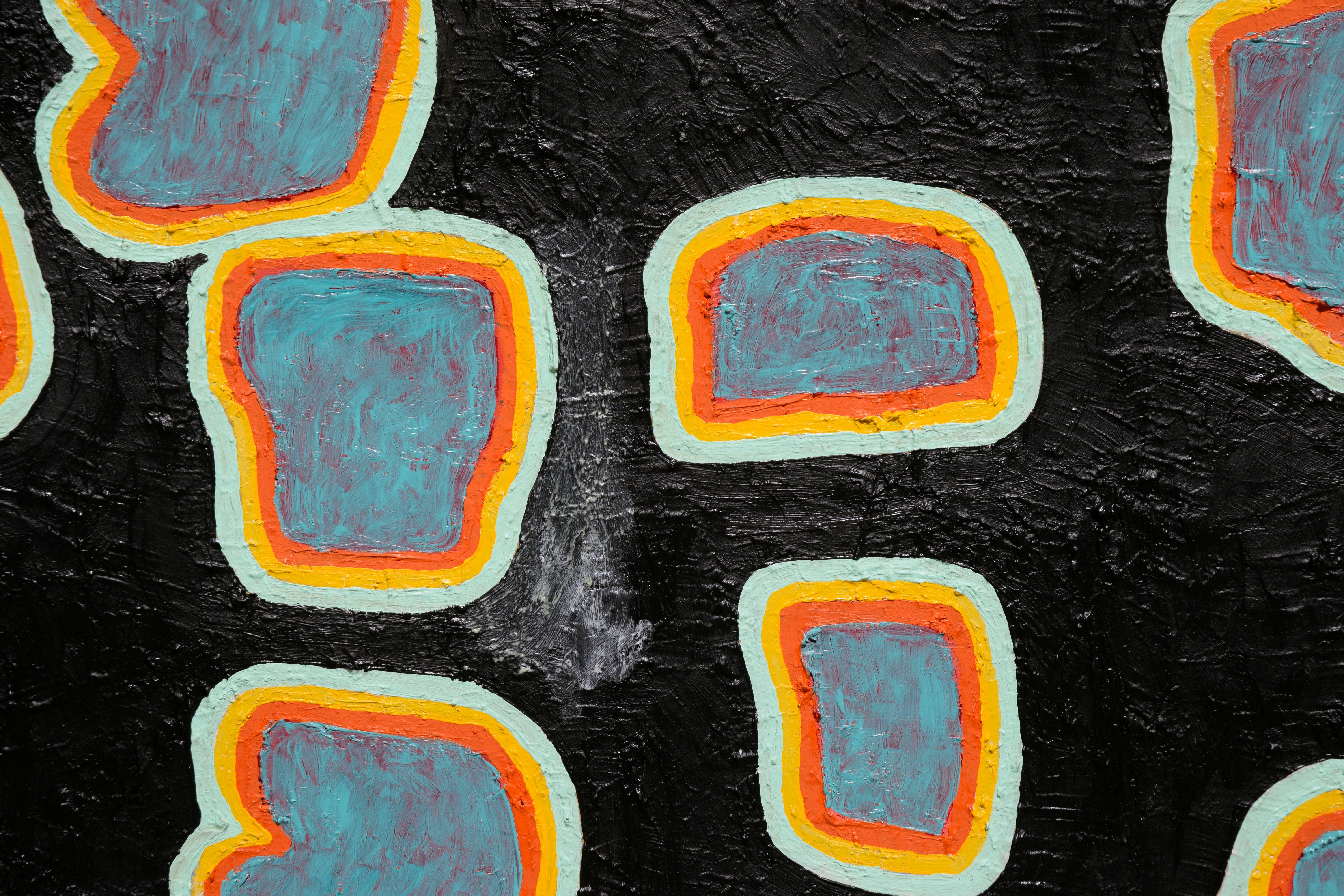 Blue and Orange Shapes on a Black Field - Abstract Geometric Painting by Michael Pauker 