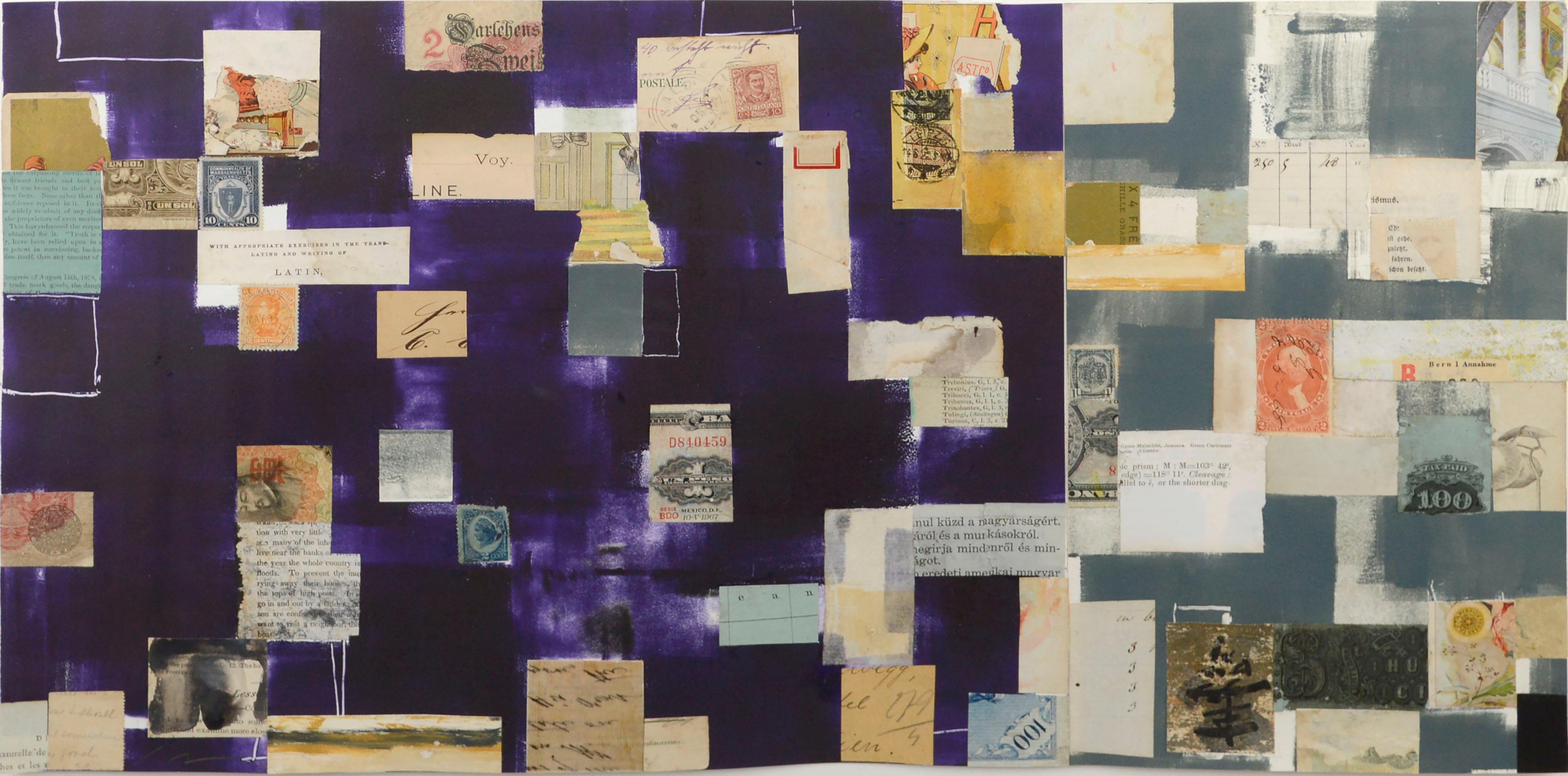 Pittura/collage orizzontale a tecnica mista a due toni dell'artista della Bay Area Michael Pauker (americano, nato nel 1957). Senza segno. Da una raccolta delle sue opere. Esposta in una cornice metallica, montata su plexiglass bianco. Dimensioni