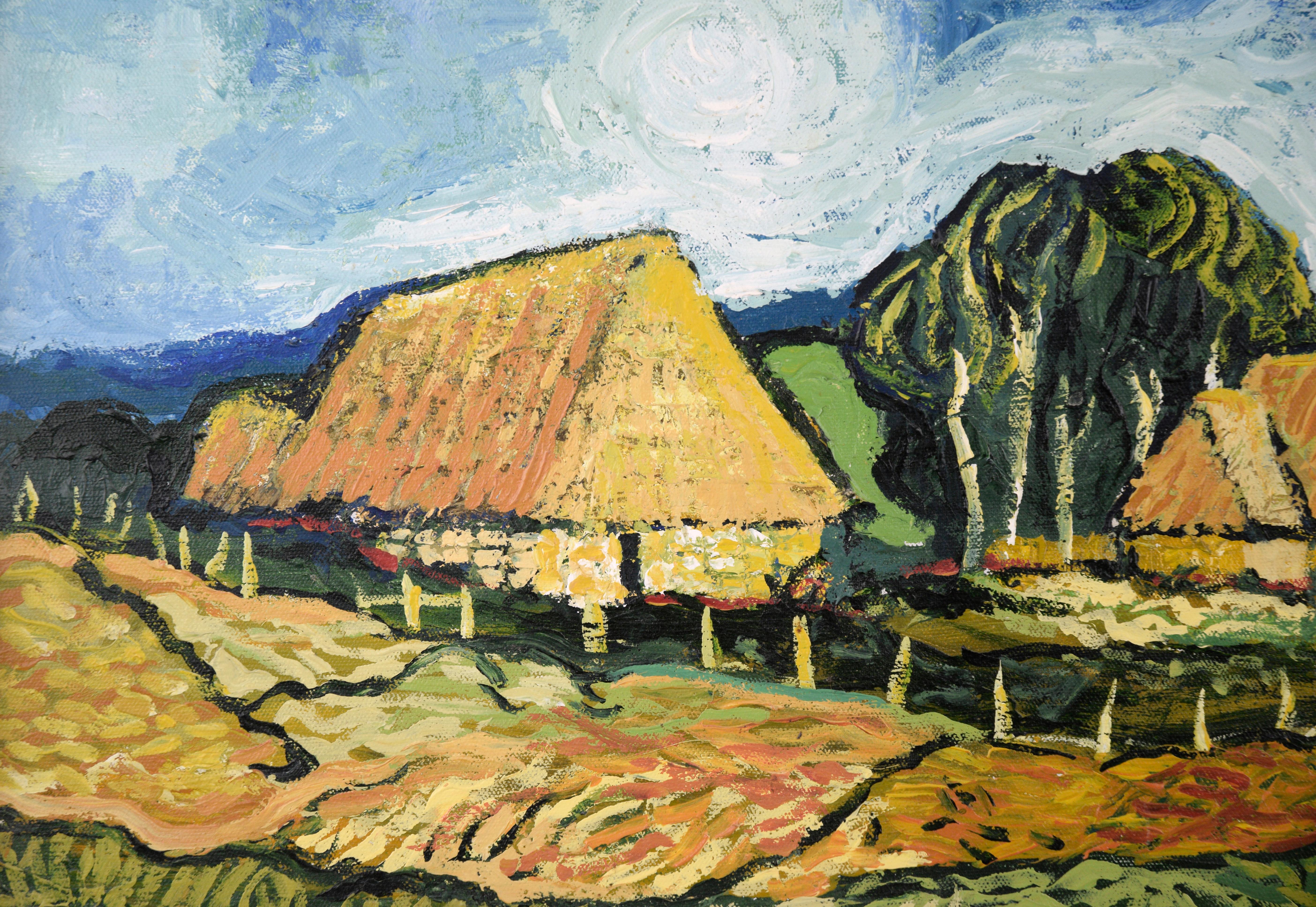 Country Homes - Landscape (in the style of Vincent van Gogh) - Gray Landscape Painting by D Bauer 