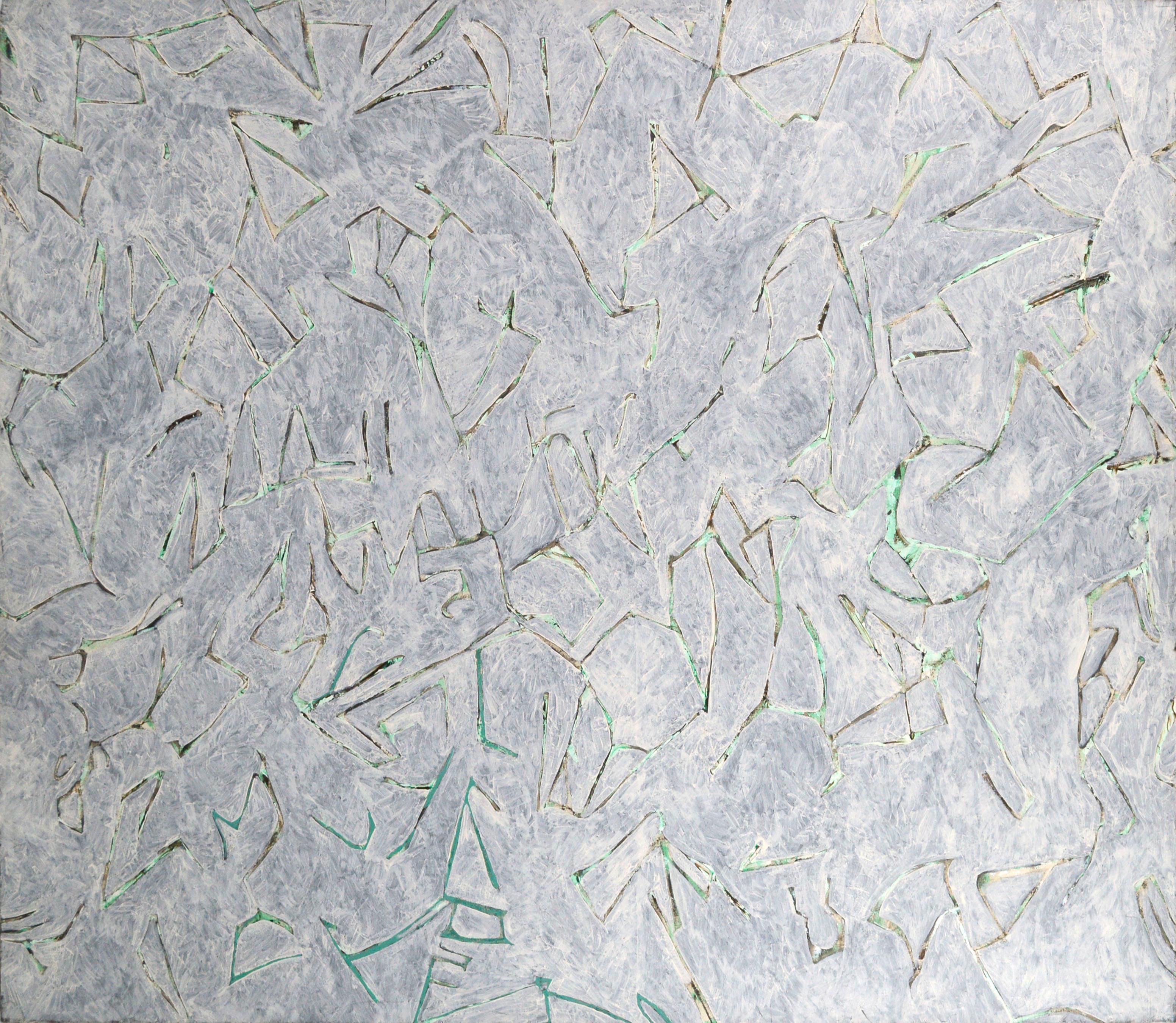 Abstract Painting di Michael Pauker  - Astratto lineare grigio e verde acqua